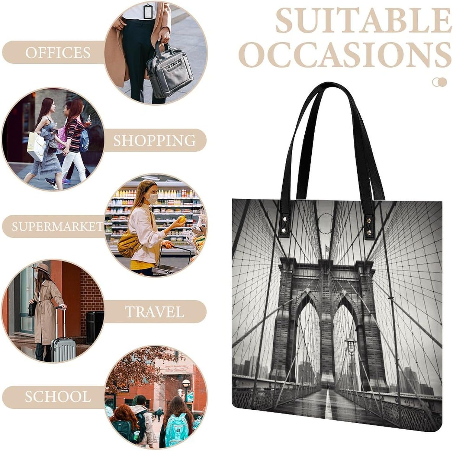Brooklyn Bridge Handbags Large Capacity, Tote Bag Stylish Slouchy, Shoulder Bags for Work Beach Travel And Shopping Grocery.