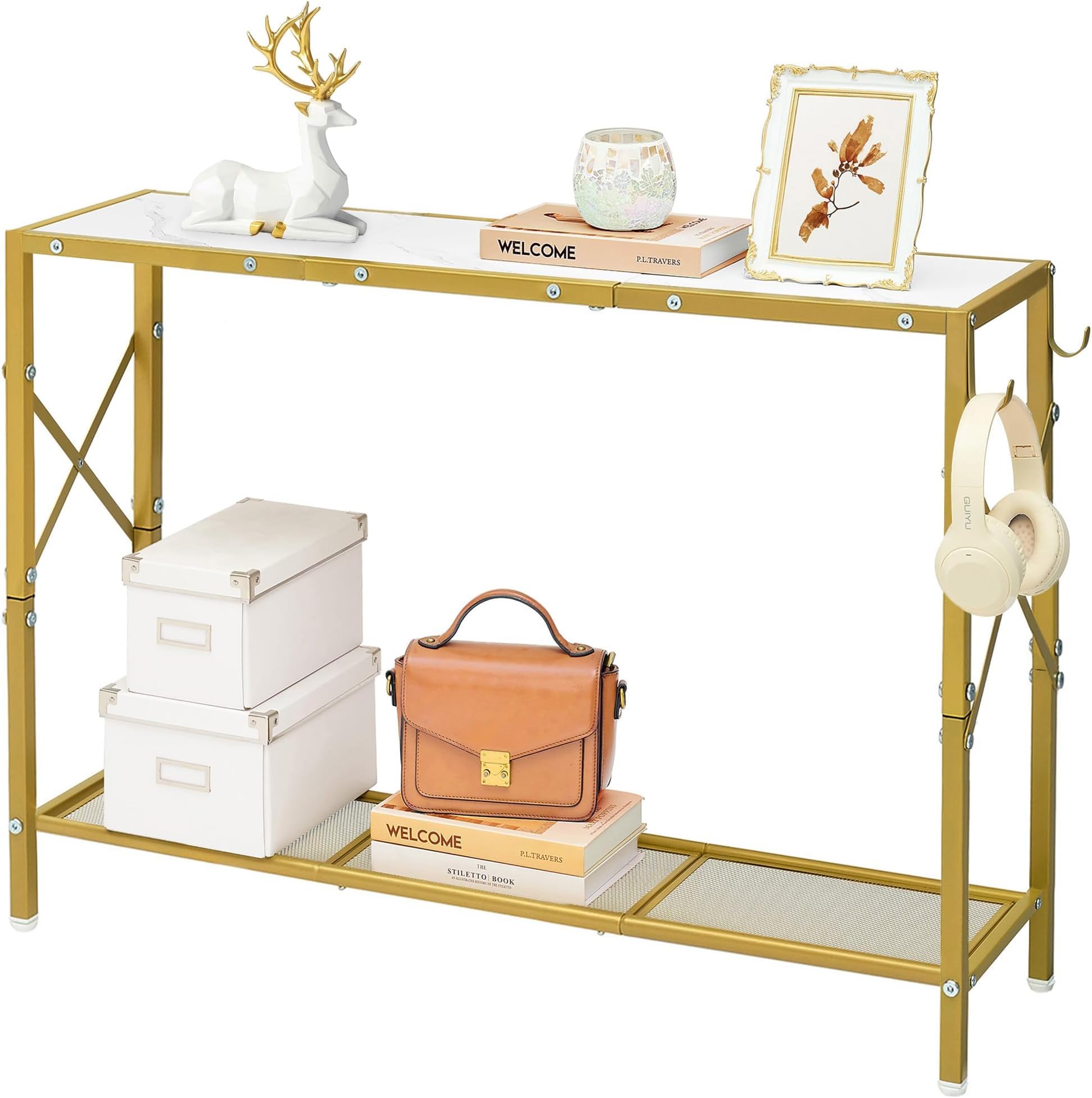 Gold Console Table, 2 Tier Narrow Entryway Table with Shelves and Hooks, Couch Table Behind Sofa, Entrance Table with Golden Frame for Entryway, Hallway, Foyer