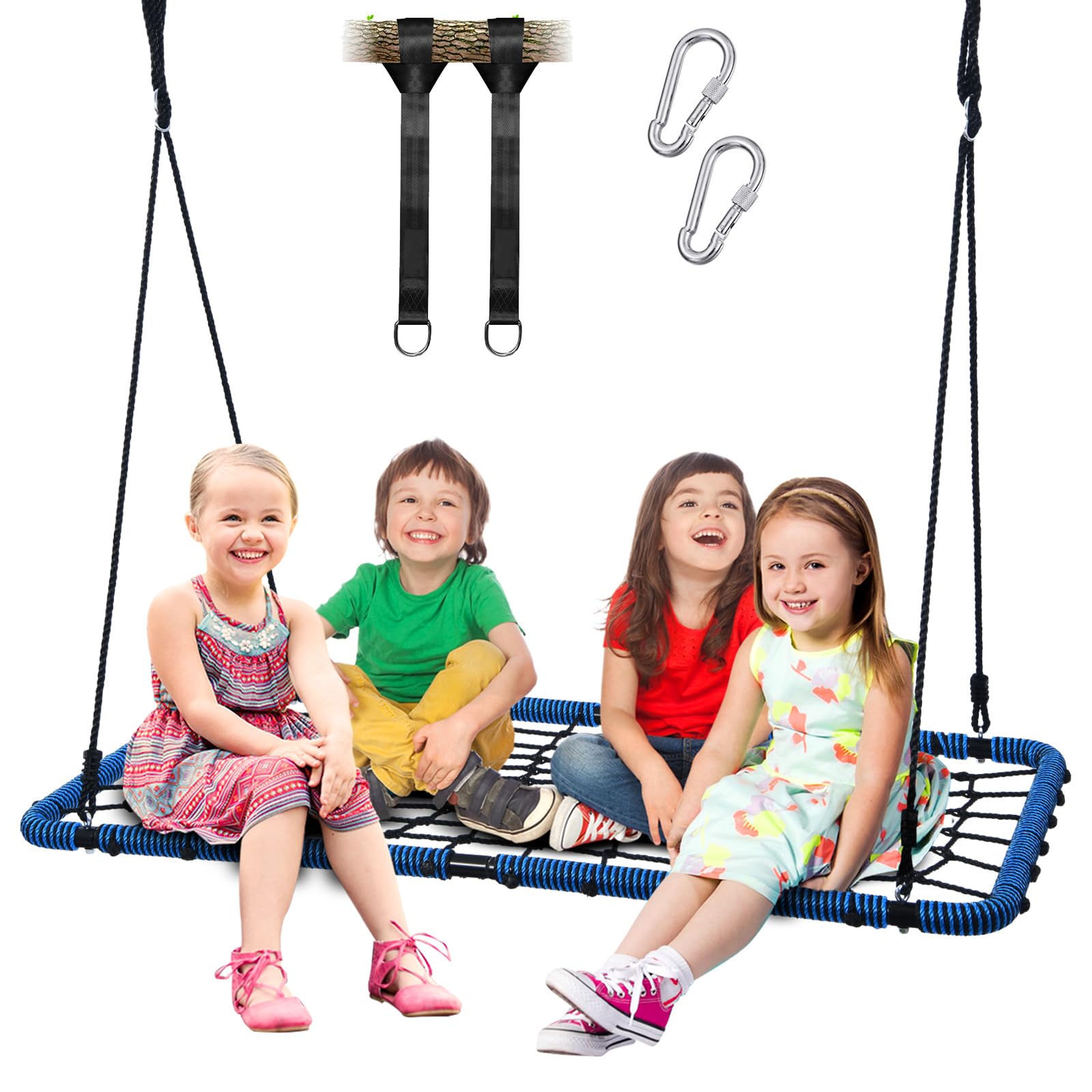 Trekassy 60" Large Spider Web Tree Swing for Kids Adults with 2pcs Hanging Straps, Steel Frame and Adjustable Ropes Blue