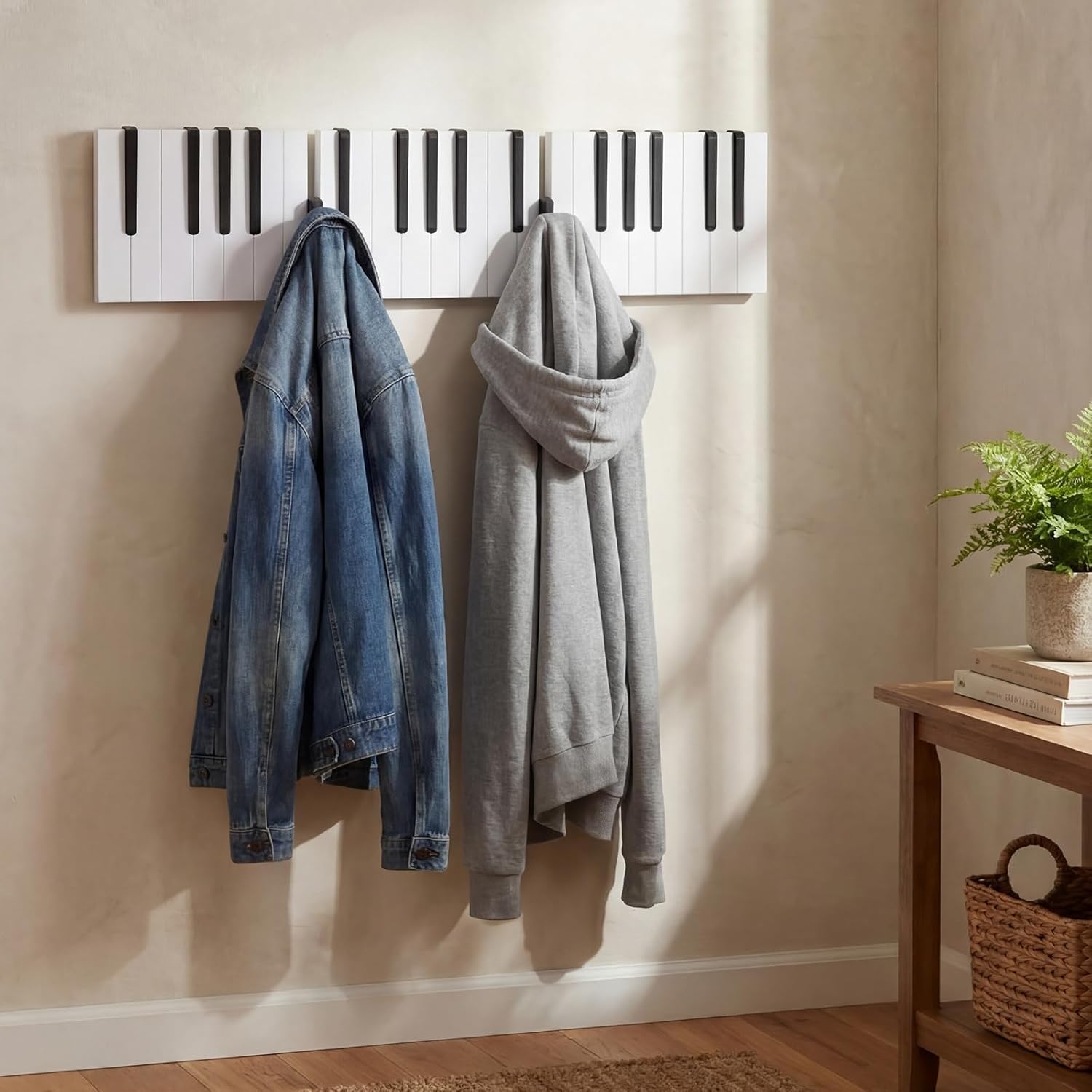 16 Hook Wooden Piano Coat Rack Wall Mounted Flip Down Wall Rack Entryway Art Hanger Black White Piano Key Storage Organizer for Hanging Hats Keys Bags Music Lovers Pianists Gift 22.8 Inch