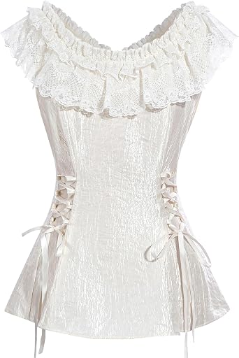 CR ROLECOS White Victorian Blouse for Women Lace Ruffle Renaissance Top Vintage Sleeveless Summer Shirt