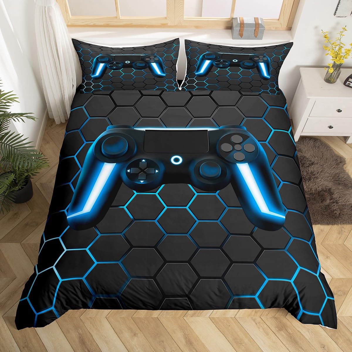 Homewish Surper King Gamer Comforter Cover for Boys Girls,Gaming Duvet Cover for Teens Video Game Bedding Set for Kids Gamer Quilt Cover All Season Gamepad Decor,1 Bed Cover,2 Pillowcases Blue Black