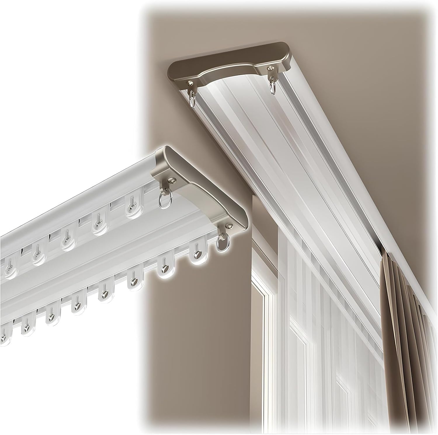 Double Curtain Track - Heavy Duty Sliding Ceiling Mount Rails, Brown Aluminium Poles for Conjoined Curtains