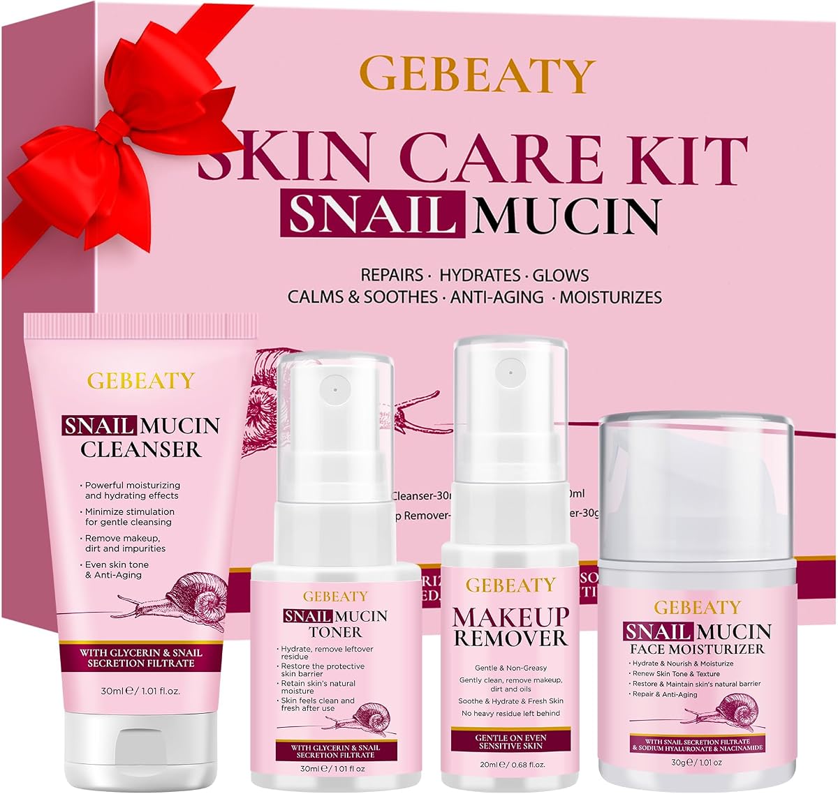 Snail Mucin Skincare Set, 4 Step Routine for Hydrated & Firm-Looking Skin | Gentle Makeup Remover, Cleanser, Toner & Moisturizer for All Skin Types, Travel Essentials & Beauty Gifts for Women & Teens
