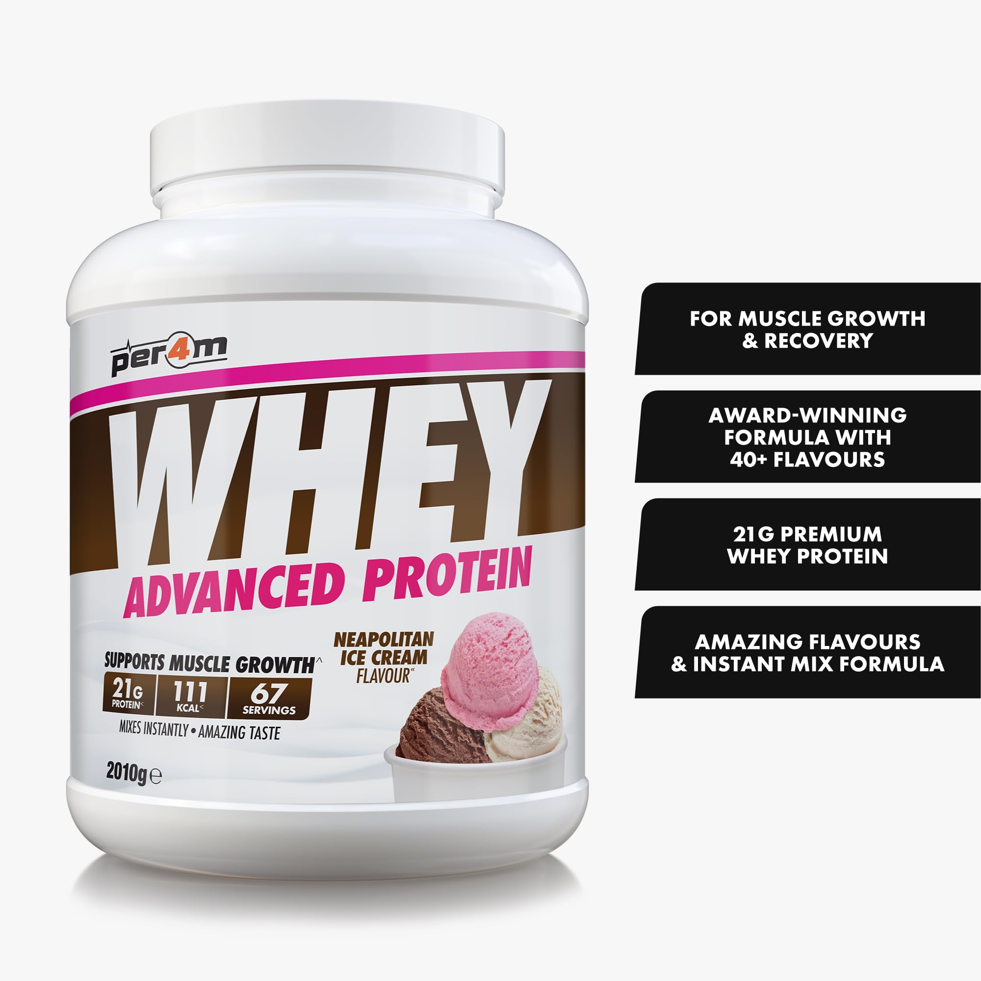 Per4m Whey Protein Powder | High Protein Shake for Muscle Growth & Recovery | Low Sugar Gym Supplement | Sports Nutrition Drink + Amino Acids (2010g, Neapolitan Ice Cream)