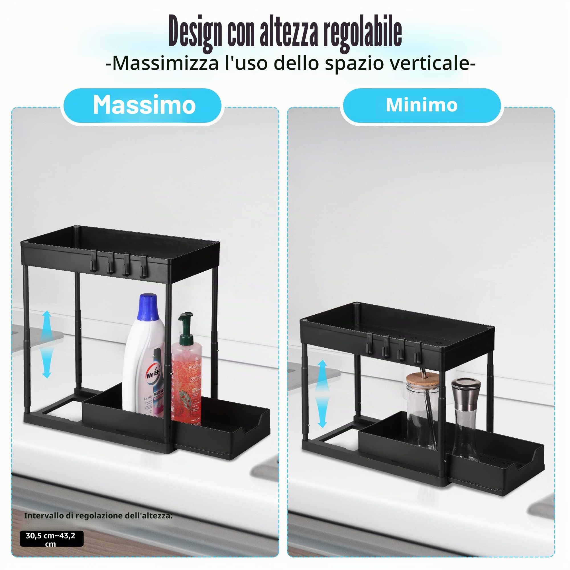 Eufrozy Confezione da 2 Organizer Sottolavello a 2 Ripiani, Ripiani Sottolavello con 8 Ganci e 2 Tazze e 1 portasapone, Scaffale Multiuso Regolabile in Altezza per Cucina, Bagno, Nero