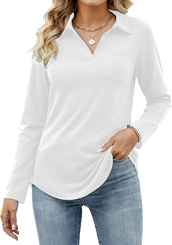 Long Sleeve Shirt Women V Neck Polo Shirts Business Casual Work Shirts Collared Tees Basic Collar Cute Blouse Z-White