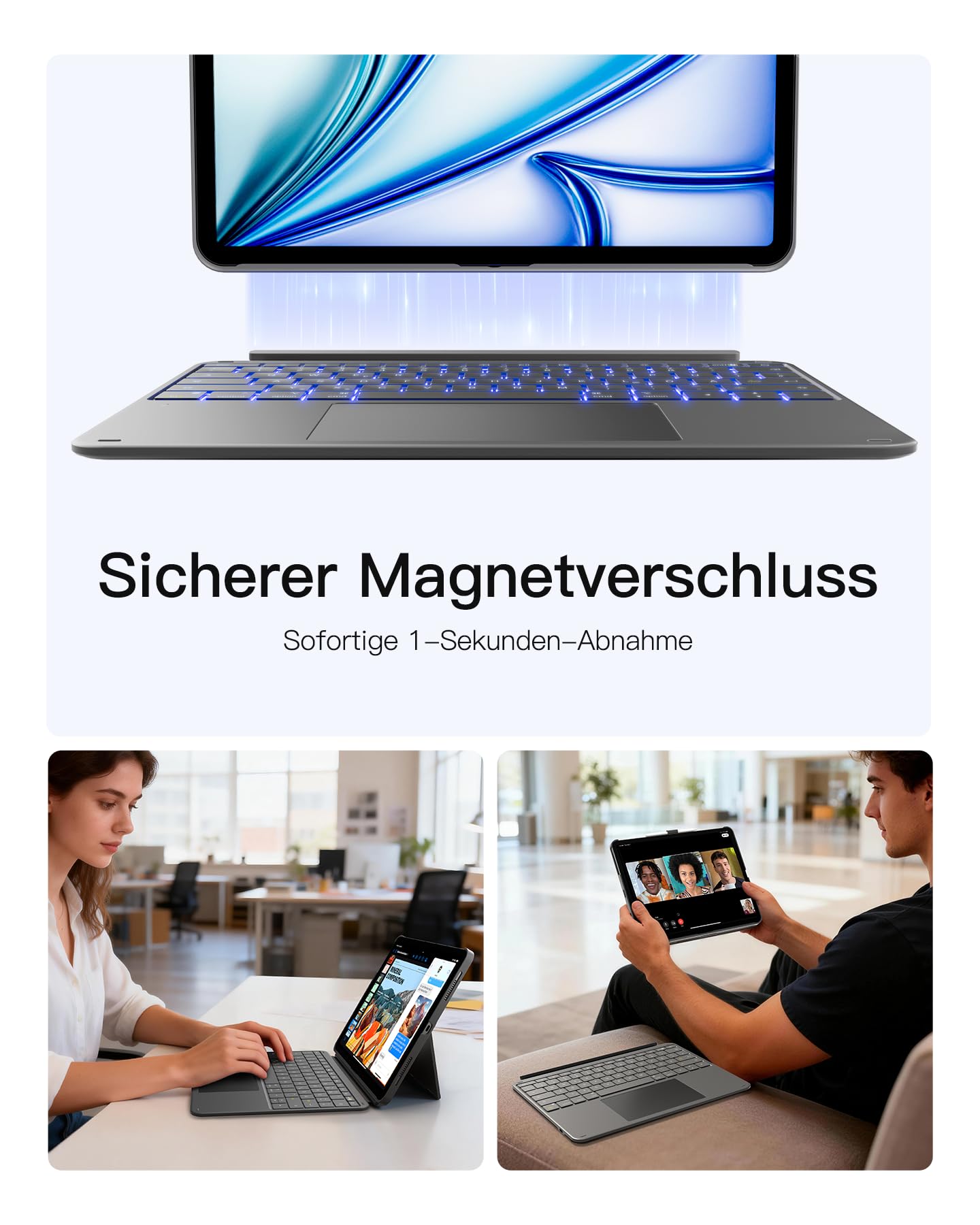 Inateck Tastatur Hülle für iPad Air 13 Zoll (2026/2025/2024,M4/M3/M2),Tastatur für ipad Pro 12.9 Zoll,6" Großes Trackpad,Abnehmbar,QWERTZ,7 Farben Hinterleuchtet,mit Stifthalter,AceTouch