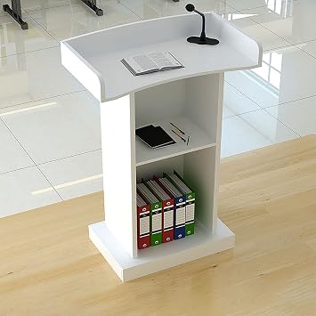 Lecterns & Podiums, Podium Wood Stand, Floor Standing Podiums Reception Desk for Speakers with Storage Shelf and Drawers, Standing Lectern Wood Podium for Conference, Auditorium WarmWhite