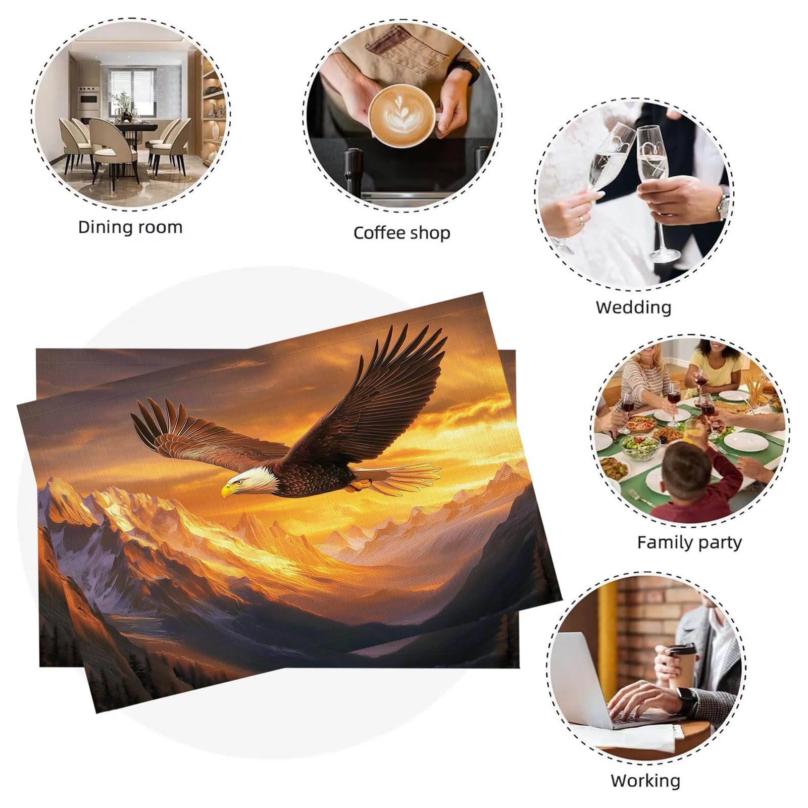Set di 8 Tovagliette Americane Lavabili Cotone Lino Animale - Tovaglietta Americana Stoffa Resistenti al Calore Durevole Aquila calva di montagna- per Colazione Pranzo