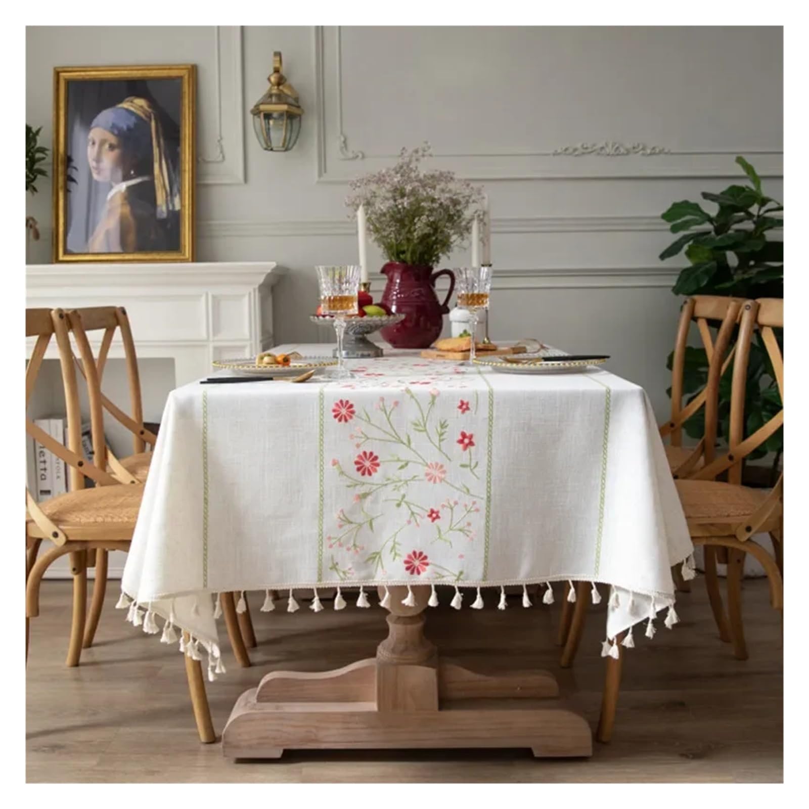 Mzsklw Red Flower Waterproof Tablecloth Rustic Embroidery Tablecloths Cotton Linen Pattern Rectangle Waterproof Table Covers For Kitchen Living Room Decor(,140X300cm 1Pc)