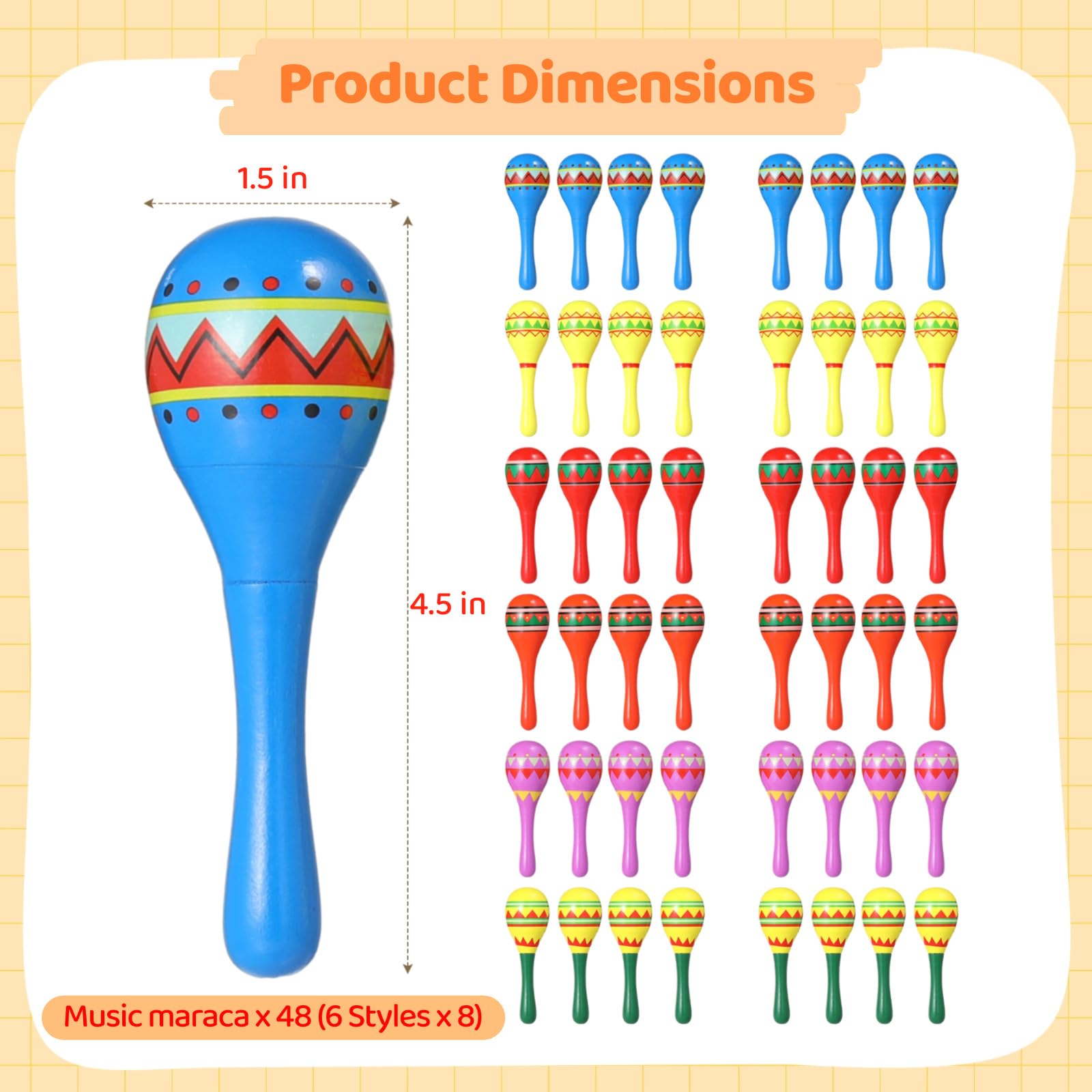 48 maracas, maracas de madera multicolor de 4.5 pulgadas, silenciosas ligeras para adultos, accesorios de fiesta mexicana, cumpleaños, carnaval, recuerdo de fiesta musical divertido