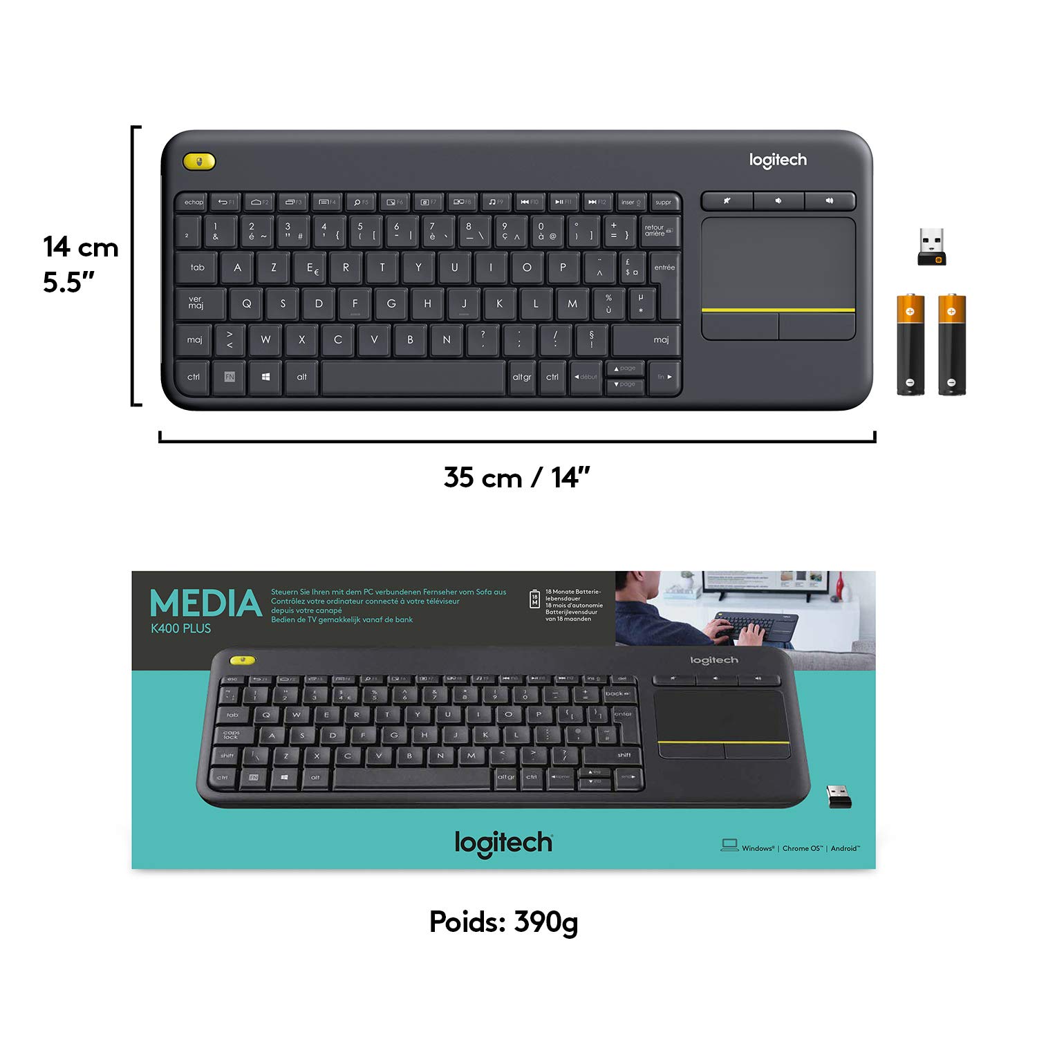Logitech K400 Plus Clavier sans Fil avec Pavé Tactile pour PC Connecté à TV, Touches Multimédia Personnalisables, Compatible avec Windows/Android/Portable/Tablette, Clavier AZERTY Belge - Noir