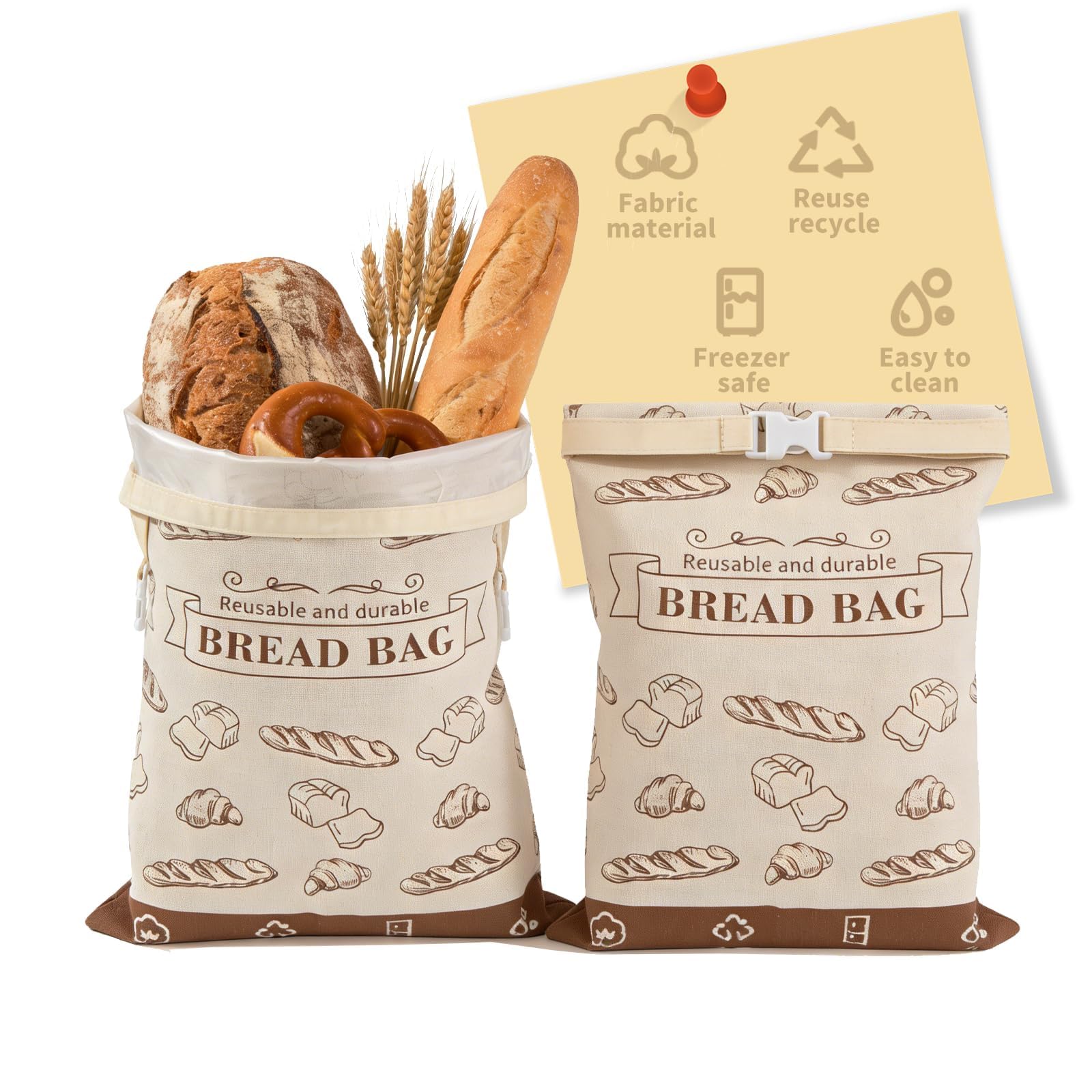 YUUTIAL Bread Bags for Homemade Bread, 43x33cm TPU Lined Reusable Bread Cotton Bag with Buckle Closure, Keeps Fresh Longer Food Eco-Friendly Storage Bag, Kitchen Storage Sacks