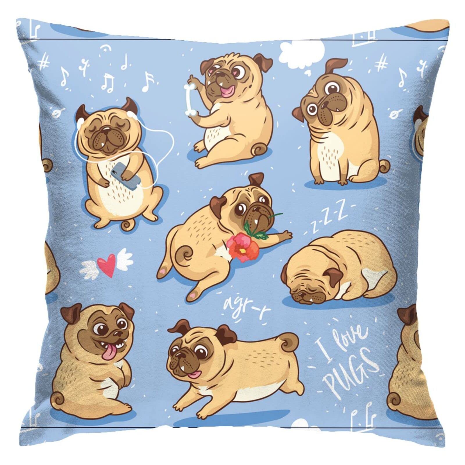 HUYGD Pillow Covers 45X45cm Cartoon Pug Pupies Terrier Baby Animal Throw Pillow Cover Print Pillow Case Personalised Square Pillowcase For Gifts, Boys, Daughter