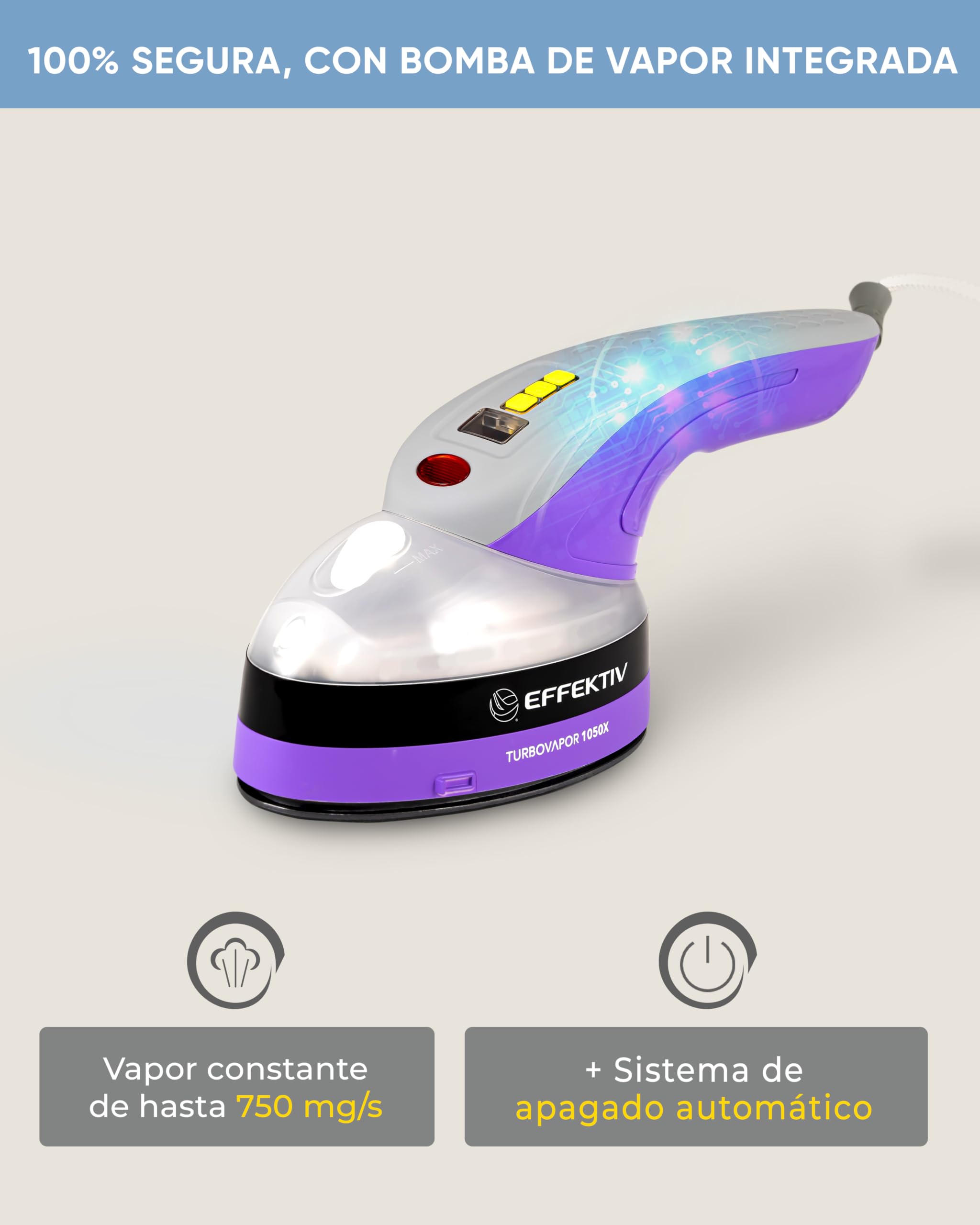 Plancha Vertical Vapor EFFEKTIV, 1800W, 3 en 1 Vapor Vertical Premium, Plancha Ropa con Suela Cerámica, Cepillo de Vapor, Depósito 250ml, Vapor Continuo 750mg/sec, Pantalla led, Autoapagado, Cable 3m
