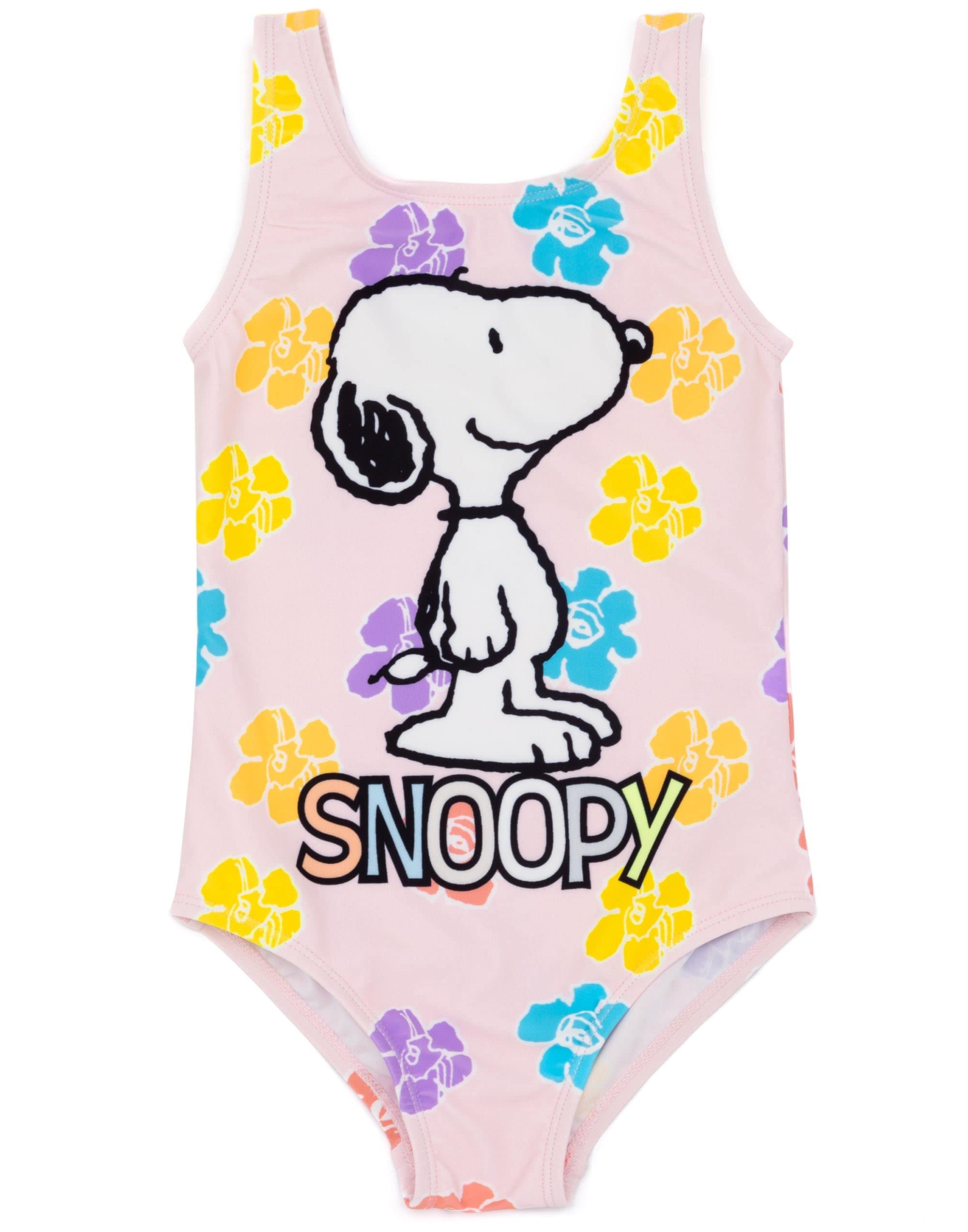Peanuts Girls Pink Snoopy Swimsuit For In | All In One Floral Swimming Costume For Kids | Classic Cartoon Dog & Multicoloured Flower Graphic Beachwear | Swimwear Bodysuit Merchandise Gift For Children