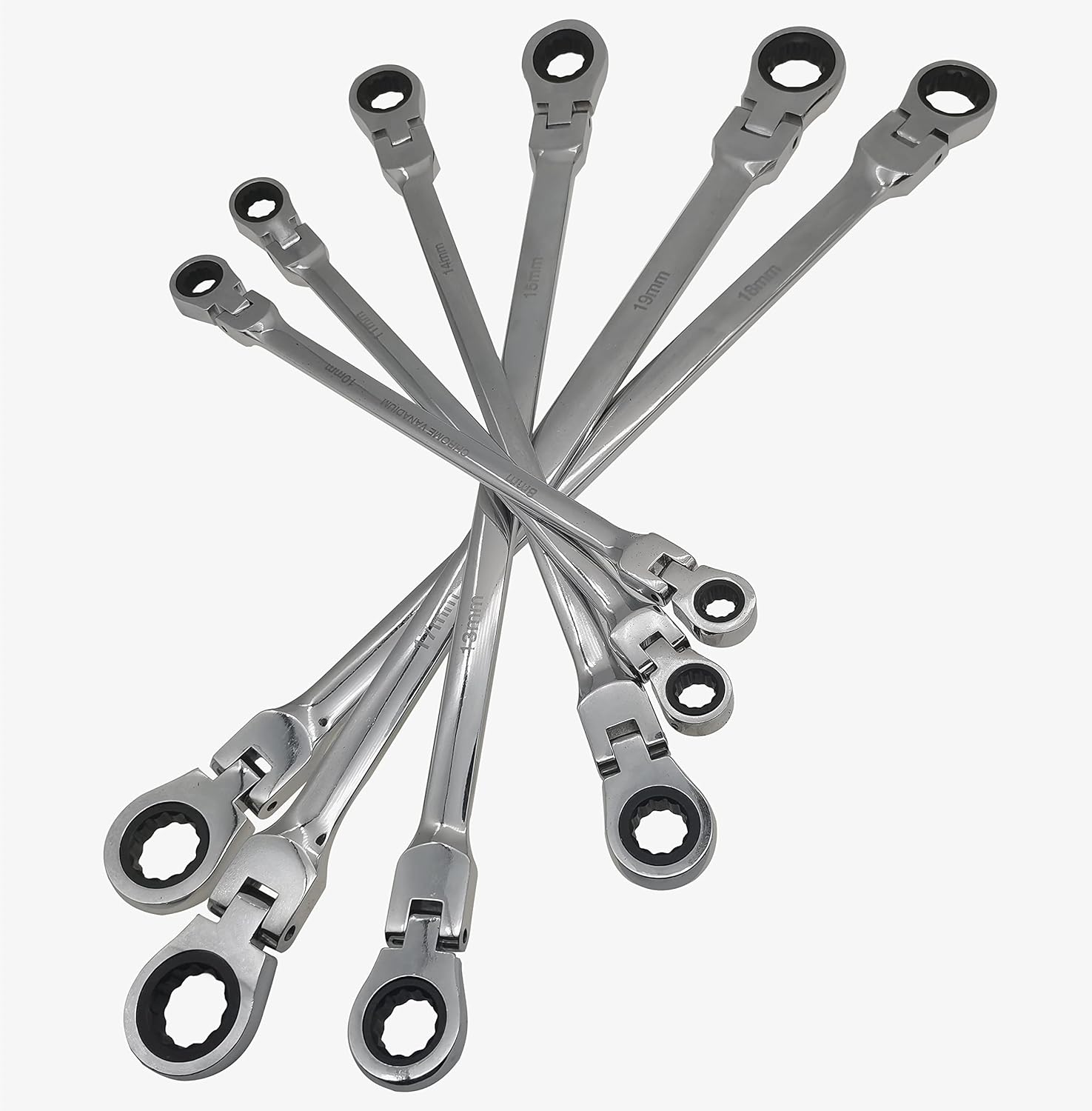 Metric 12 Sizes Extra Long Gear Ratcheting Wrench Set, 8mm-19mm, Made of Chrome Vanadium Steel, Rotatable Head
