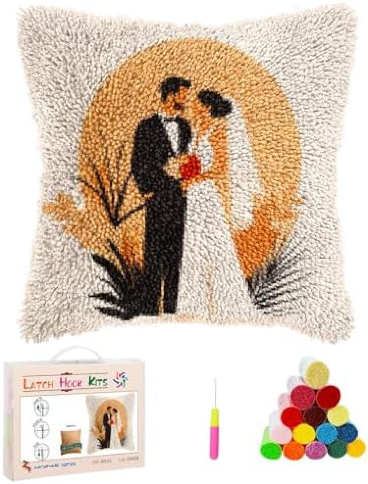 ANSIWEIGO Latch Hook Kits Pillow Wedding Groom And Bride Stamped Pillowcase Handamade Crochet Yarn Hook And Latch Emboridery Throw Pillow Cover For Home Sofa Decor 17x17 in