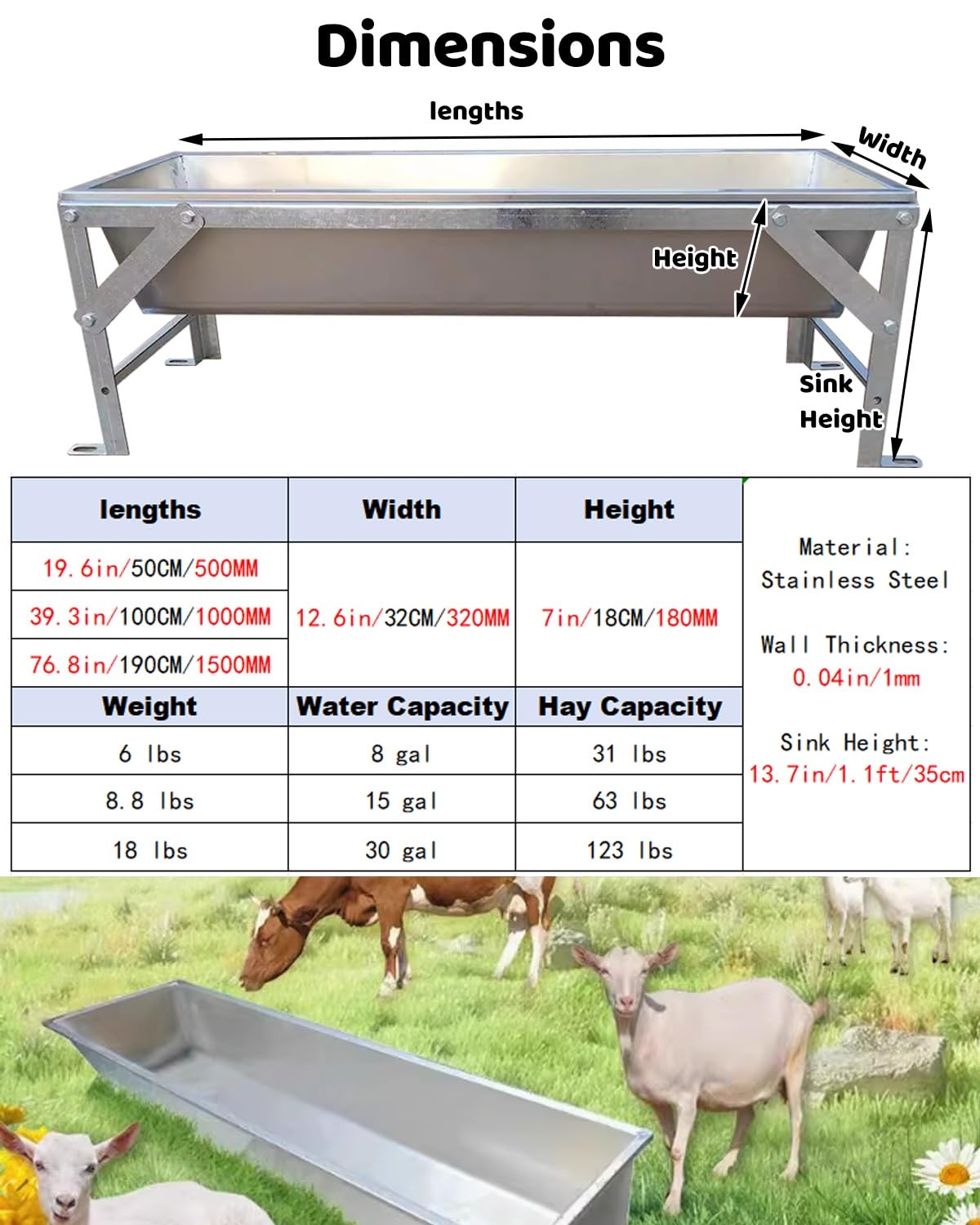 Comedero de Gran Capacidad para Animales de Granja: comedero y Bebedero para Ganado Vacuno, porcino, ovino, caprino y Aves de Corral con Soporte, 100 cm/39 Pulgadas. Ideal para la alimentaci