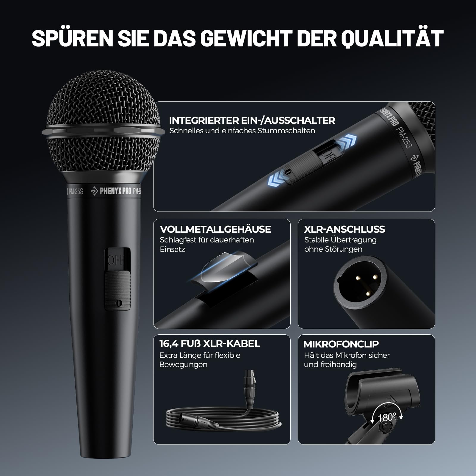 Phenyx Pro Dynamisches Gesangsmikrofon XLR ON/Off PM-25S | Kabelmikrofon, Niere, 5 m XLR-Kabel, Ein/Aus-Schalter, Mikrofonhalter, Tasche, Gesang, Bühne, Studio