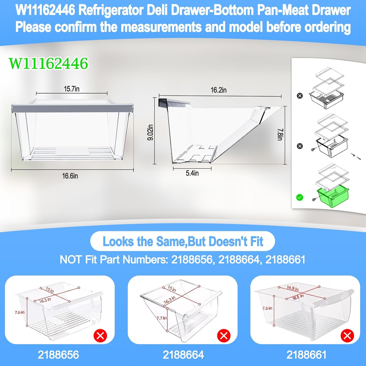 UPGRADED W11162446 Refrigerator Crisper Drawer Compatible with Whirlpool Fridge Drawer W11046495 Whirlpool Crisper Drawer Replacement Parts WRS325SDHZ WRS555SIHZ WRS315SDHM Bottom Refrigerator Drawer