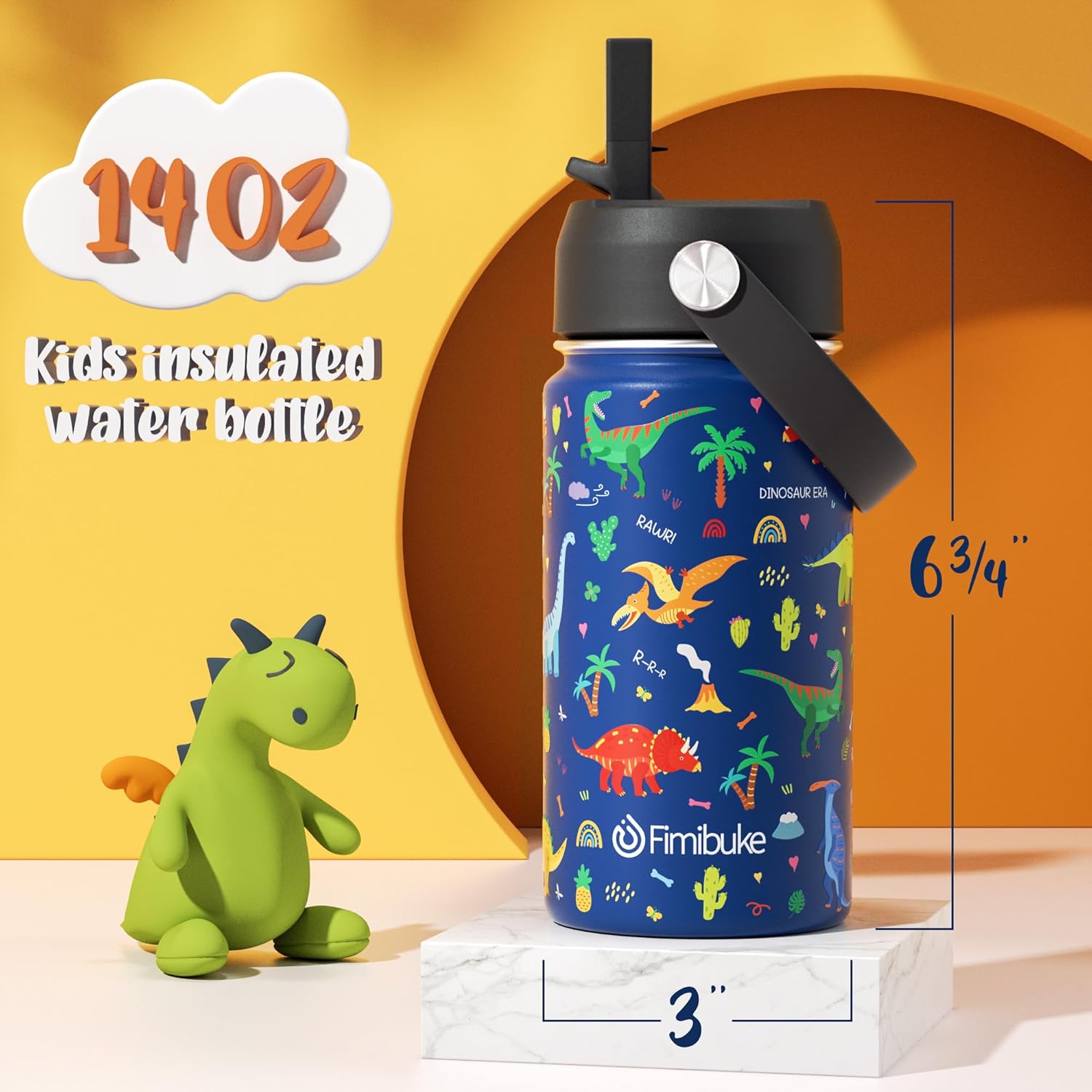 Fimibuke Kids Insulated Water Bottle, 14oz BPA FREE Double Wall Vacuum Tumbler 18/8 Stainless Steel Leak Proof Kids Cups with Straw Metal Water Bottle for School Boy Girl(2 Pack, SPACE/BLUE DINOSAUR) 2 A8. SPACE+BLUE DINOSAUR