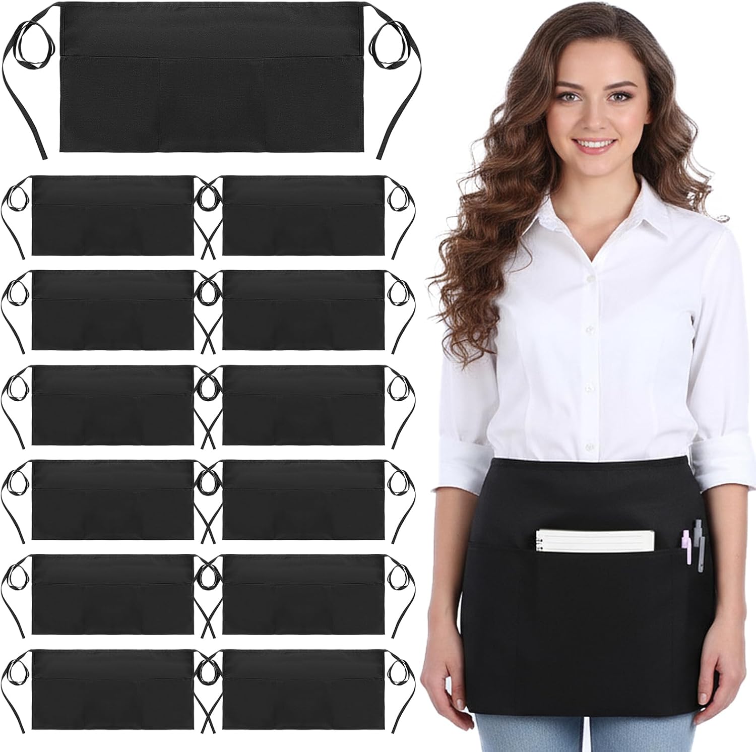 12 Pack Server Waist Apron with 3 Pockets, Water Resistant Half Apron for Waitress Waiter, Black, 23.6x11.8 Inch