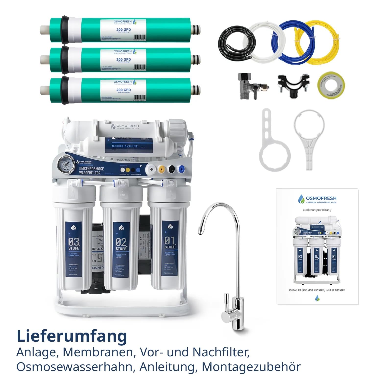 OsmoFresh Osmoseanlage Proline X3 | 600 GPD | 1,6l/min | unter Spüle | mit Osmosehahn | vom Premium Hersteller