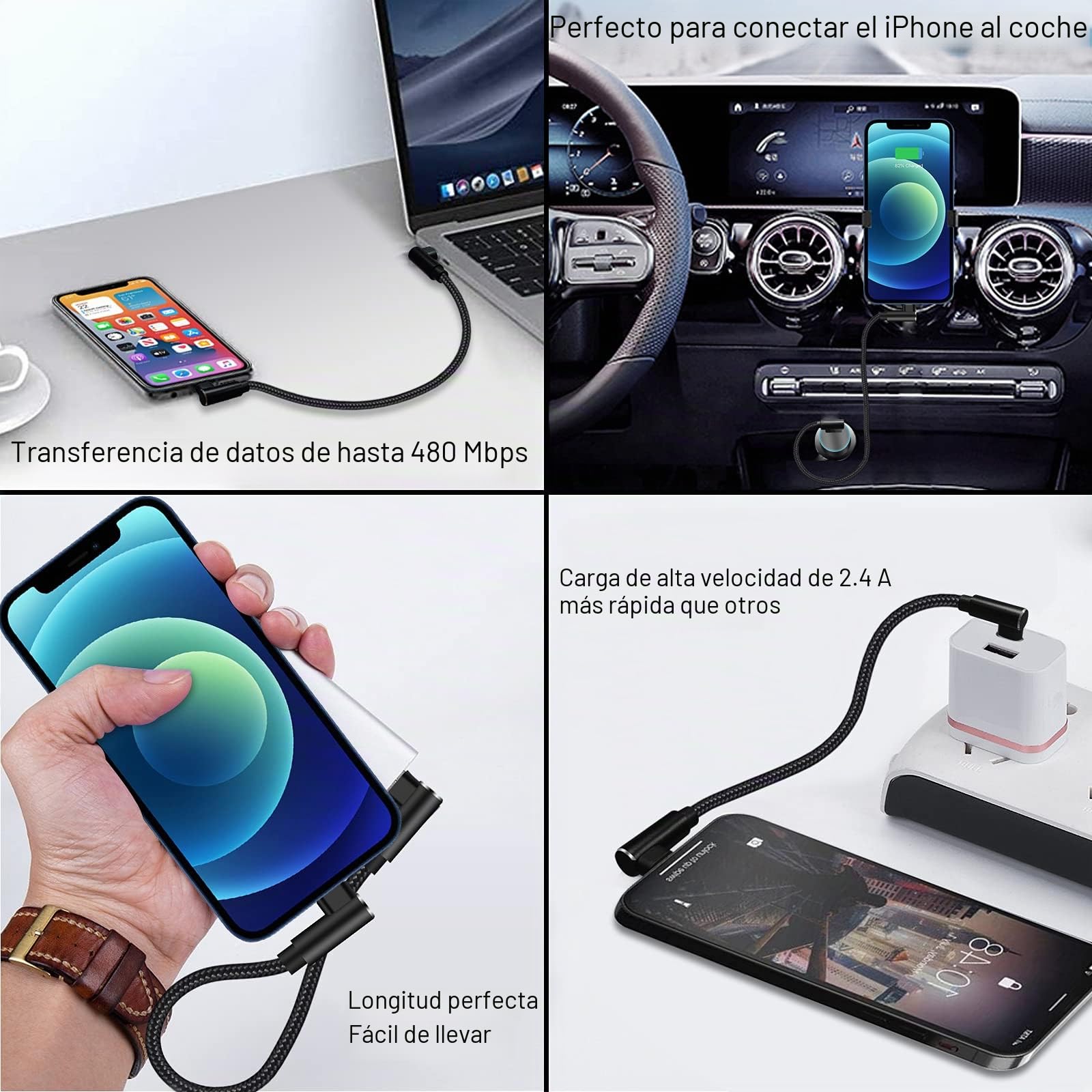 Cable USB C a Lightning de 1 pie, paquete de 3 unidades, cargador de iPhone en ángulo recto certificado MFi, codo de 90 grados, cable Lightning a USB C para iPhone 14 13 12 11 Pro X XS XR 8