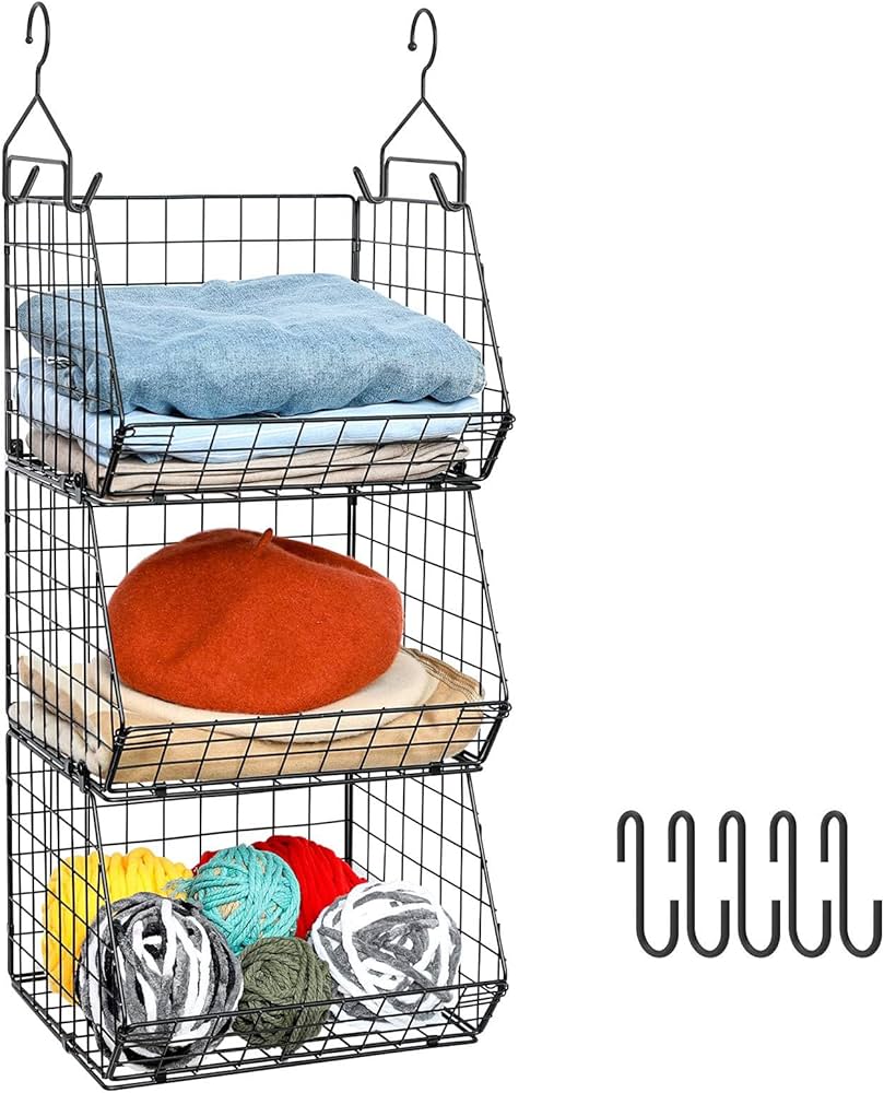 X-cosrack 3 Tier Foldable Closet Organizer, Clothes Shelves with 5 S Hooks, Wall Mount&Cabinet Wire Storage Basket Bins, for Clothing Sweaters Shoes Handbags Clutches Accessories Patent Design