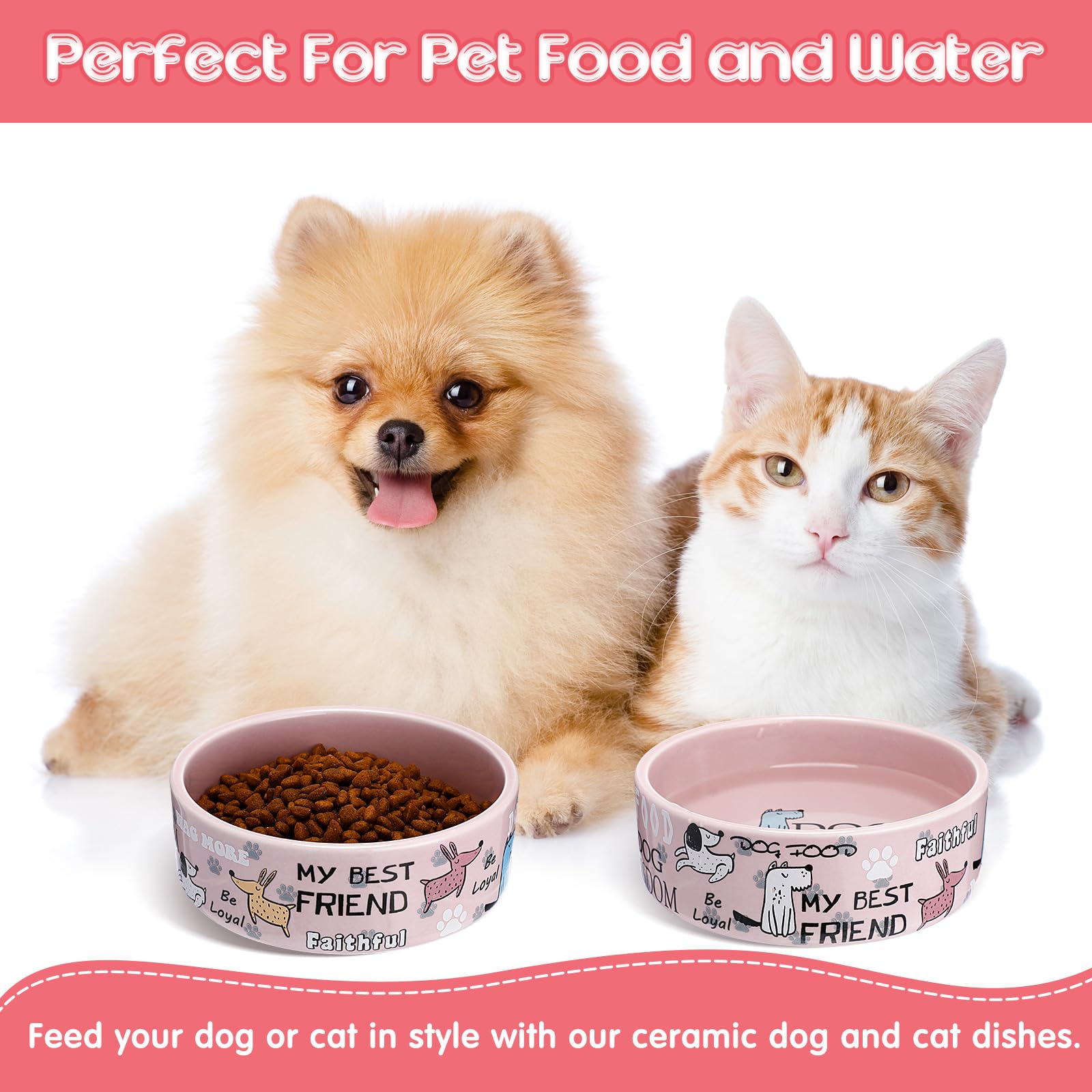 Maxcheck 2 cuencos de cerámica para perros de 5 pulgadas para perros pequeños, lindos cuencos de dibujos animados para cachorros y gatos, platos pesados para alimentos y agua, para mascotas, para