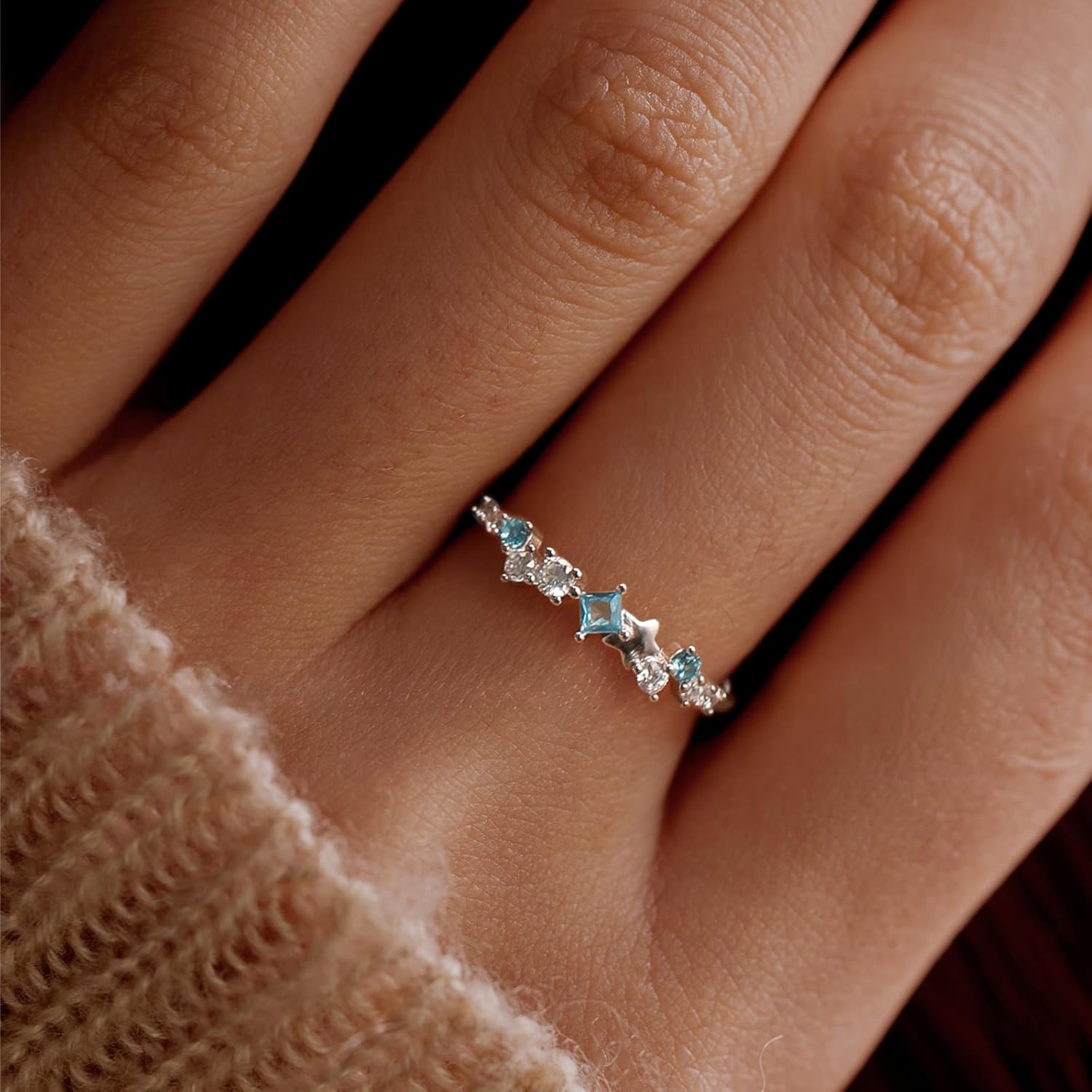 Star CZ Engagement Ring for Women,S925 Sterling Silver Blue Cubic Zirconia Stackble Birthstone Eternity Ring Wedding Band Statement Ring for Best Friends As Birthday Mother’s Day Jewelry Size 5 to 10