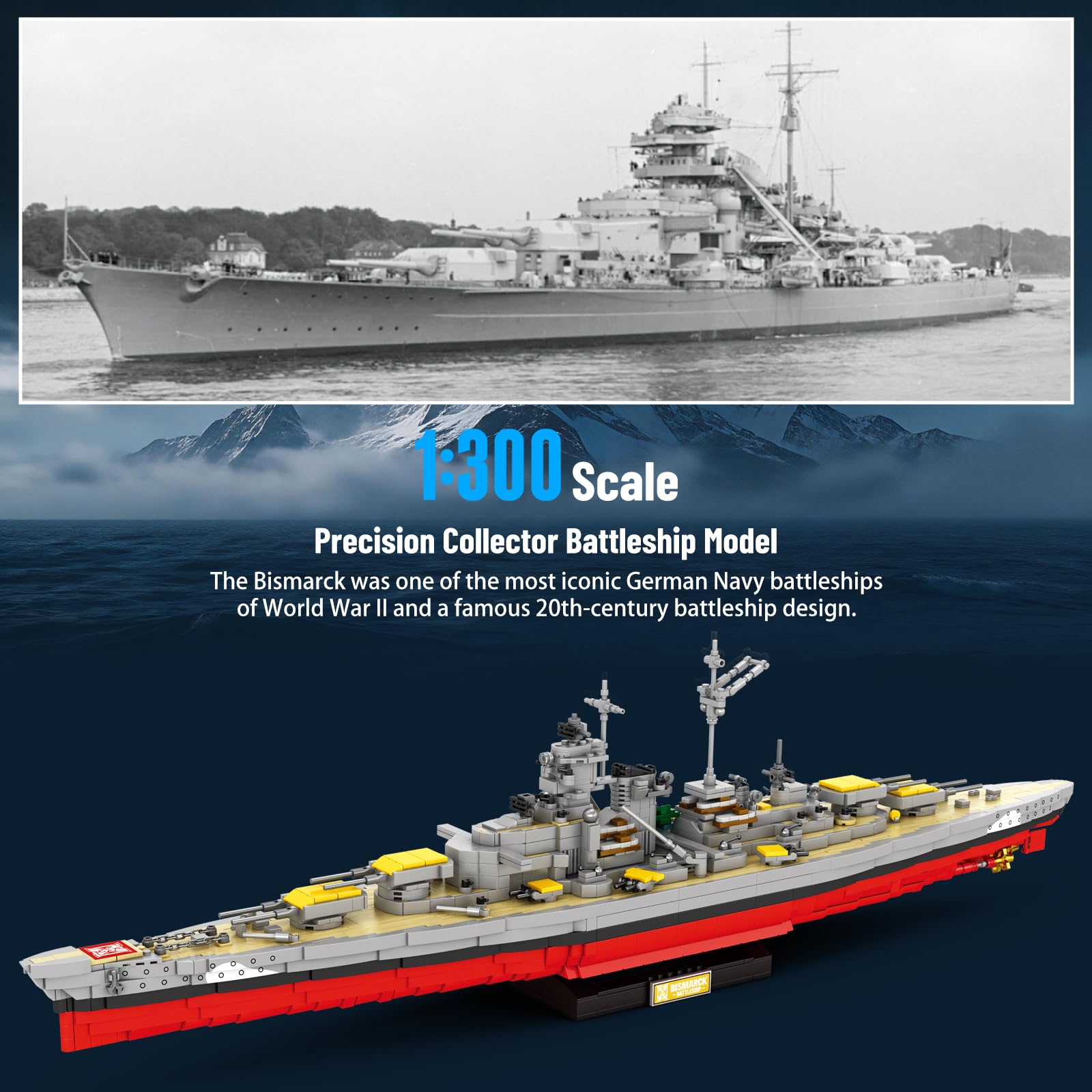 Reobrix World of Warships Bismarck Schlachtschiff Klemmbaustein Set 77051 | 1:300 Offiziell Lizenziertes Bastelset, Inkl. Spielbonus, Großes WW2 Schiffsmodell, Sammlerstück für Erwachsene,3462 Teile