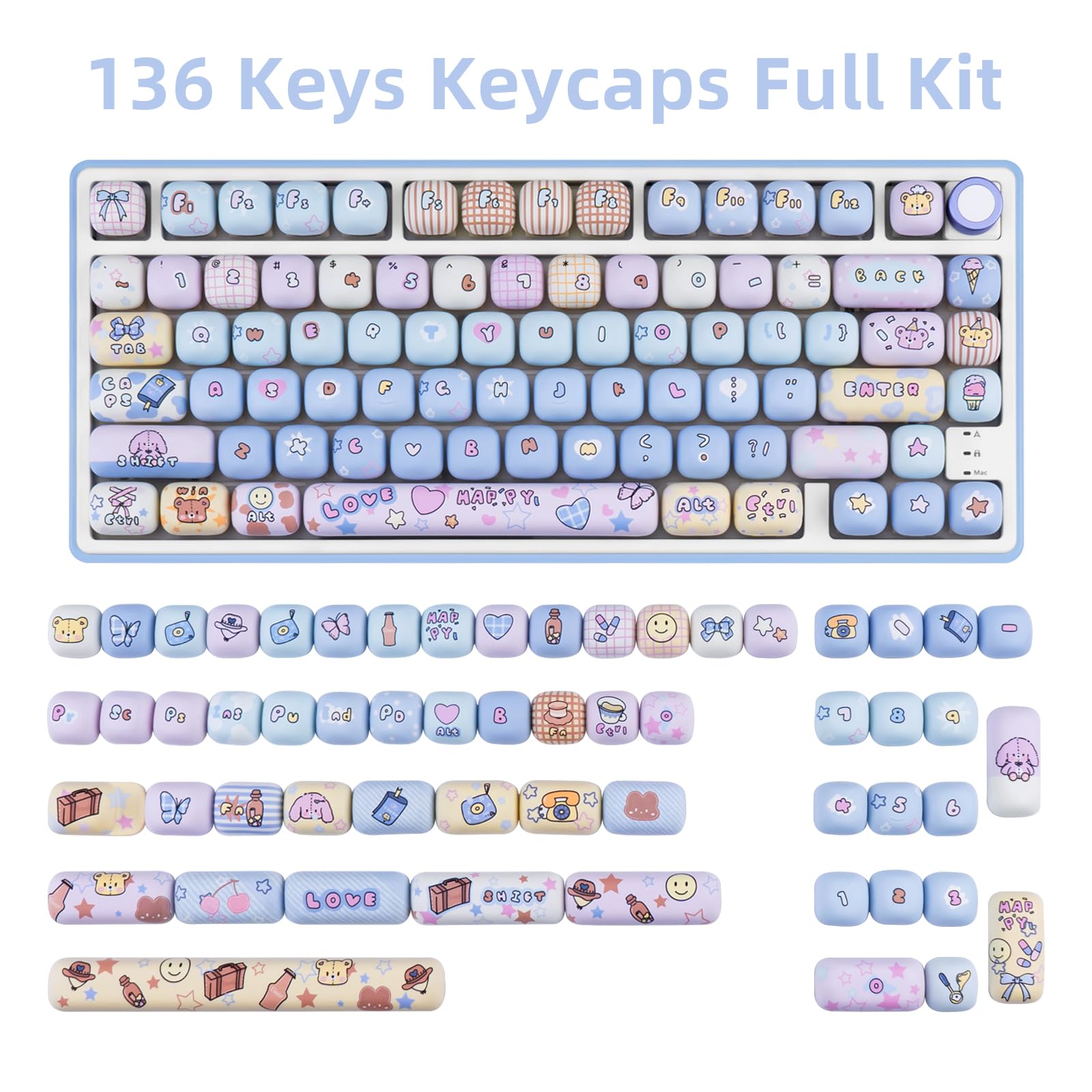 Lot de 136 touches PBT mignonnes par sublimation par sublimation Kawaii, bleu, rose, profil MOG, touches personnalisées pour claviers mécaniques Cherry Gateron MX Swithes