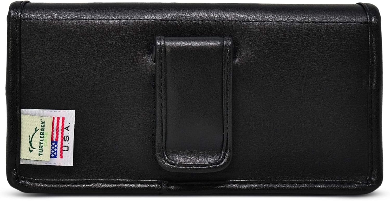 Turtleback Belt Holder for iPhone 16 Pro, 16e, 15 pro 14 Pro 13 Pro -Small- Fits w/Slim MagSafe Style Cases, Premium Black Leather Horiz. Belt Holster, Magnetic Closure, Leather Wrapped Belt Clip
