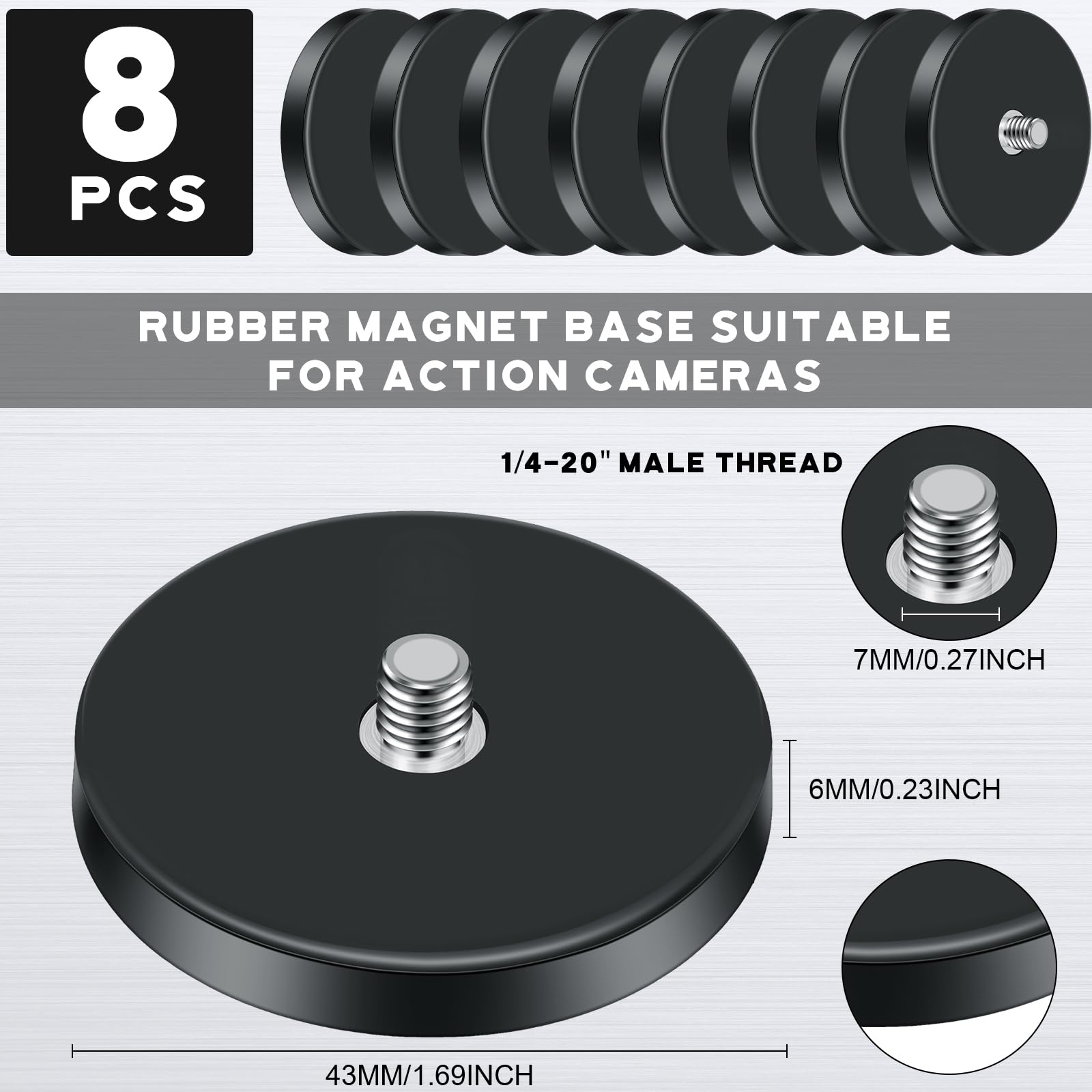 Pushglossy Heavy Duty Neodymium Magnets 1/4"-20 Round Magnet with Threaded Stud for Action Camera 1.69" Base Rubber Coated Magnet Tool for Camera Cellphone LED Lighting and Other Equipments(8 Pcs) — Amazon image 2