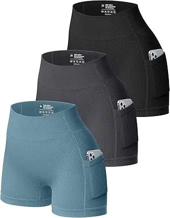 OQQ Women's 3 Piece Athletic Shorts Ribbed Seamless Workout High Waist Shorts with Pockets