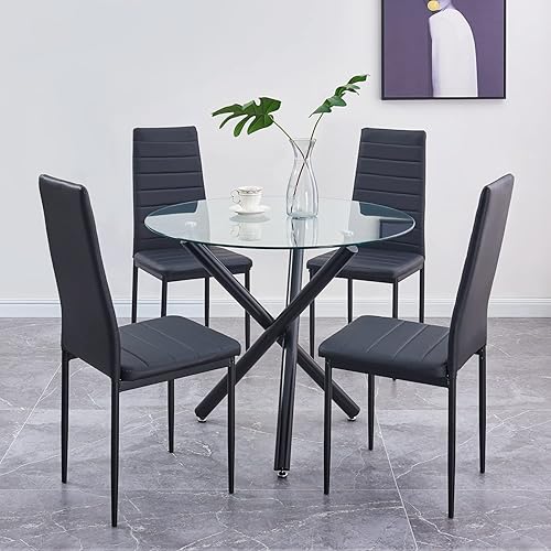 Miniatura 1 de ROZHOME Juego de comedor para 4, mesa de comedor redonda de vidrio con 3 patas negras y 4 sillas de metal de cuero sintético negro para el hogar,
