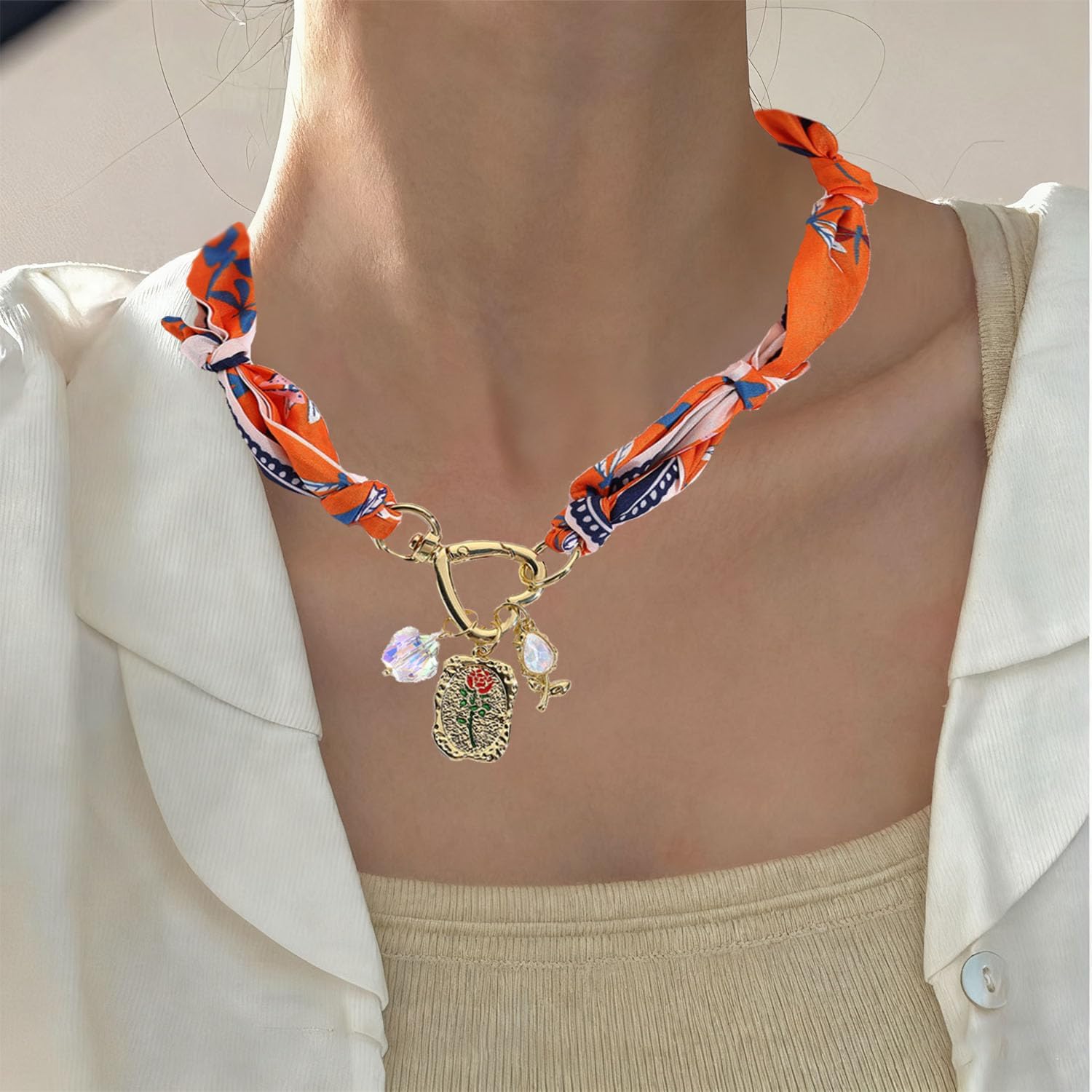 Scarf Necklace with Charm Adjustable Bandana Necklace Orange Scarf Necklaces for Women Charms for scarf Necklaces - Image 6