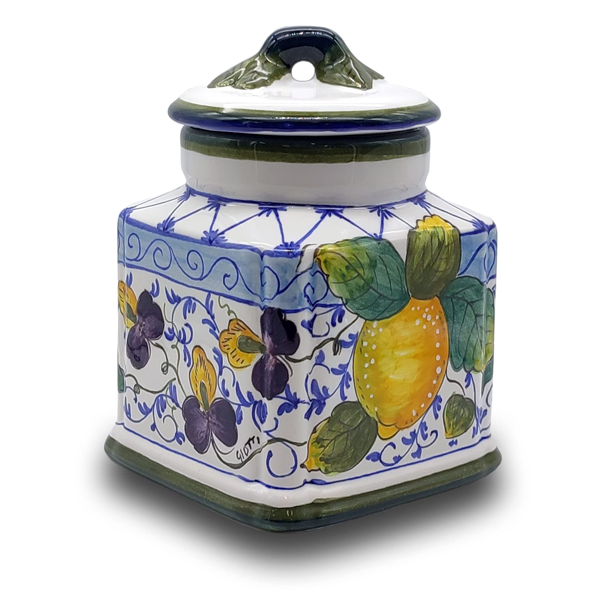 Italian Ceramic Cookies Jar - Hand Painted kitchen Storage Canister with lid Tea Coffee and Spices- Made in ITALY Tuscany - Italian Pottery - Home Decor Lemon