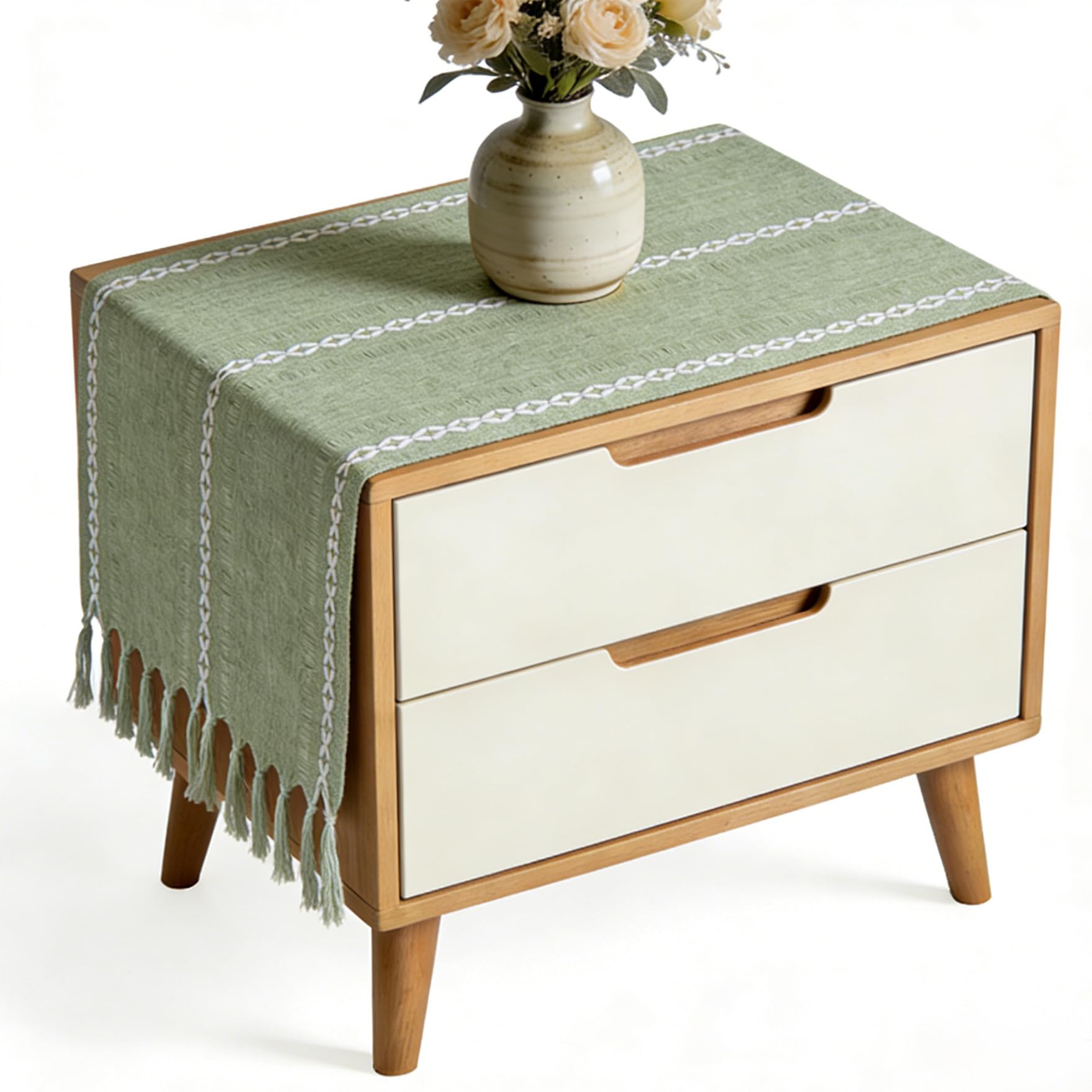 Klmnop 2 Pack Boho Tassel Bedside Table Cloth 33 x 92 CM, Spring Sage Green Nightstand Cover for Bedside Nightstand Coffee End Table, Small Rustic Farmhouse Decor