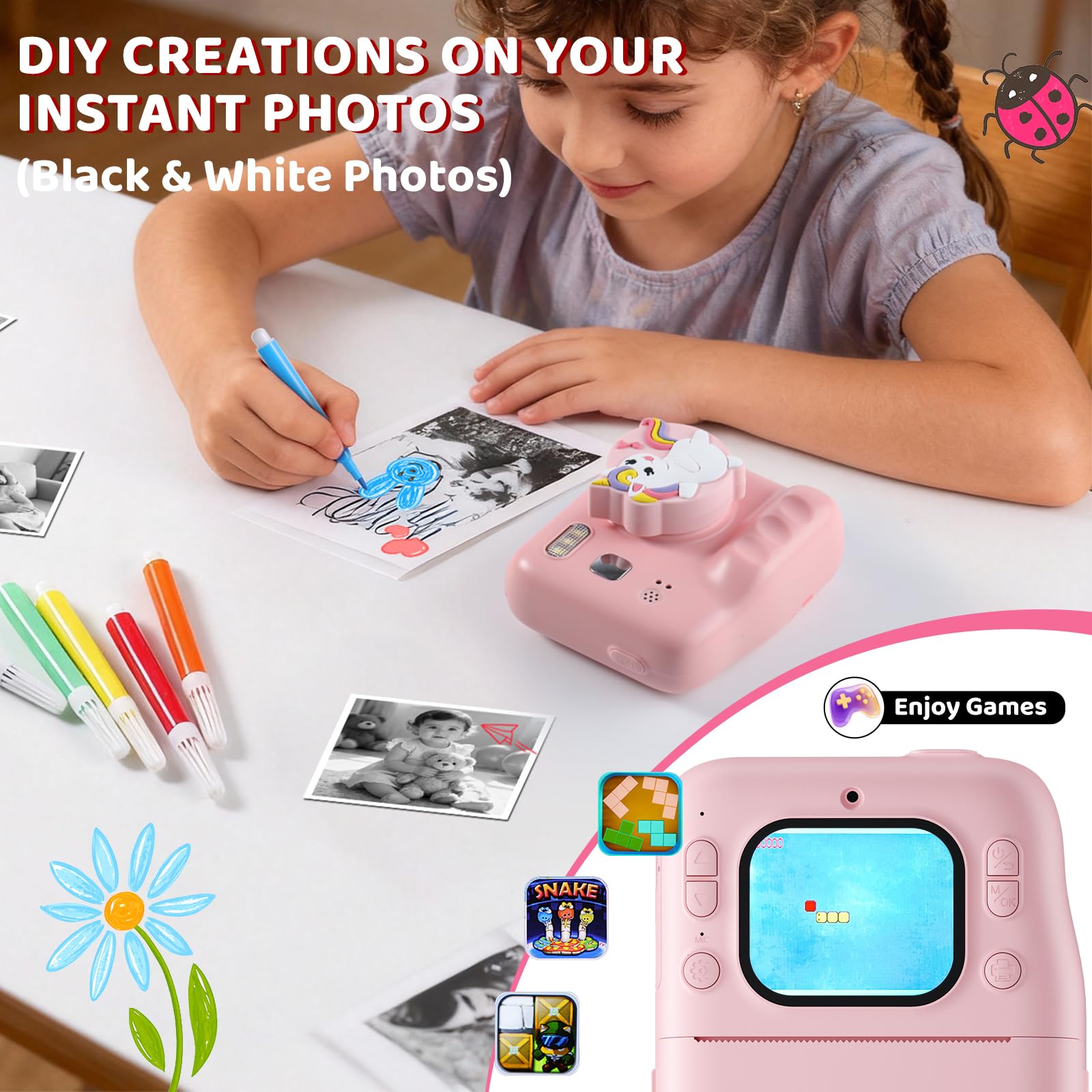 Macchina Fotografica Bambini Istantanea, 1080P Fotocamera Digitale Bambini con 32GB & Papier Photo, Regalo di Natale per Bambino e Bambina dai 3-12 Anni