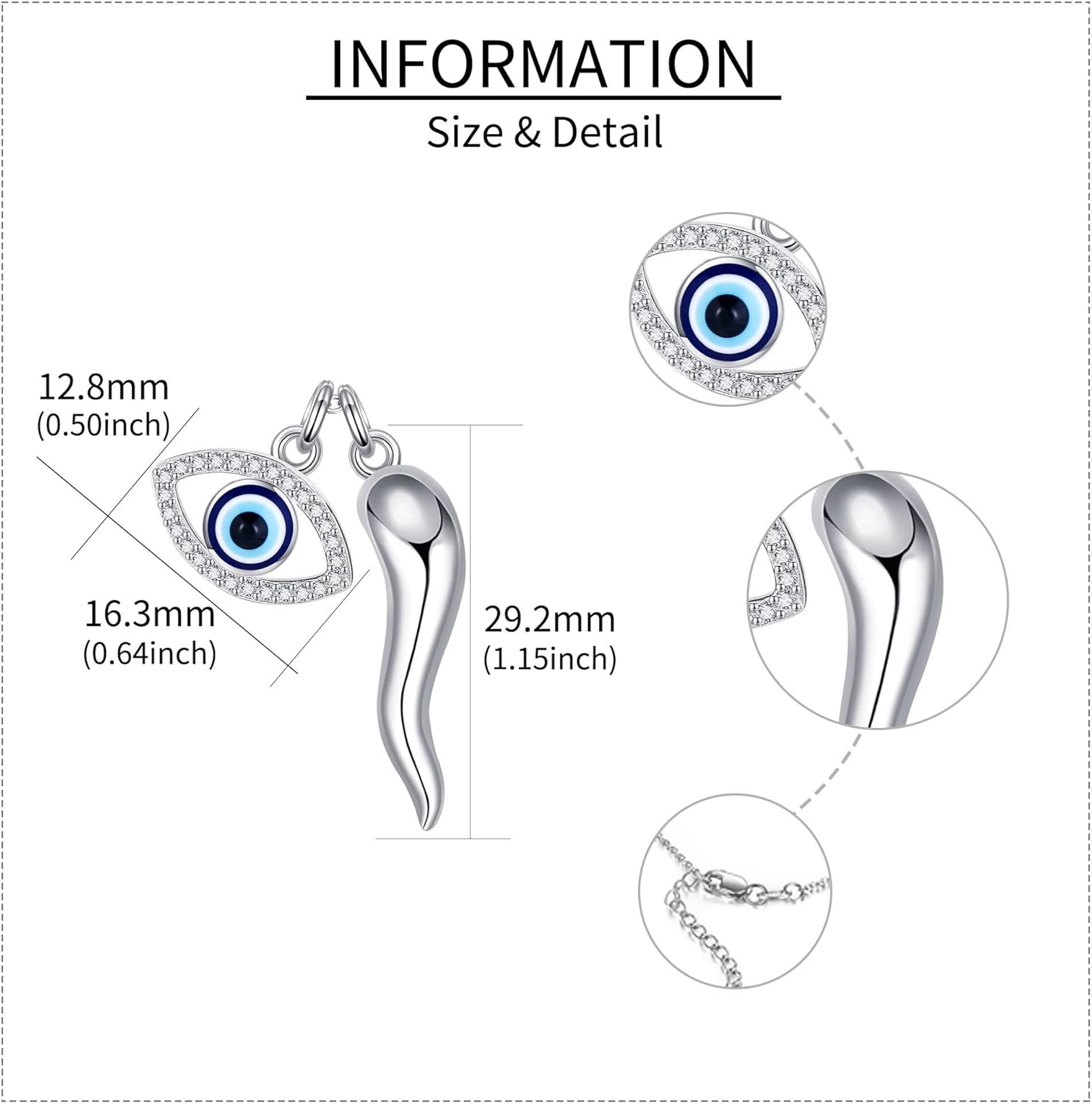 Evil Eye Necklace Sterling Silver Italian Horn/Hamsa Hand Fatima/Lotus Flower Pendant Necklace Third Eye Jewelry for Women - Image 4