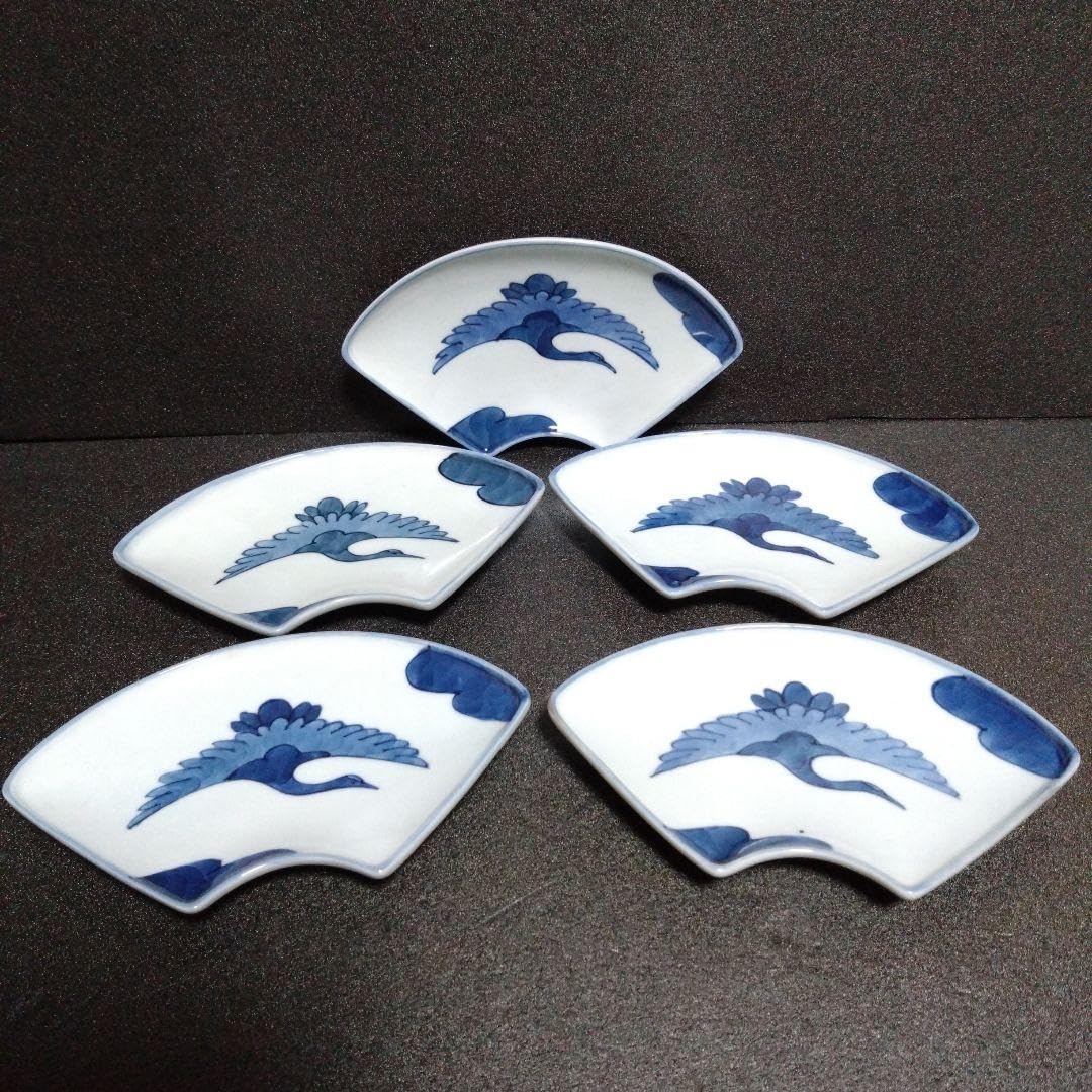 Amazon.co.jp: 有田焼 源右衛門 扇形銘々皿5枚 鶴絵柄 新生活 節句