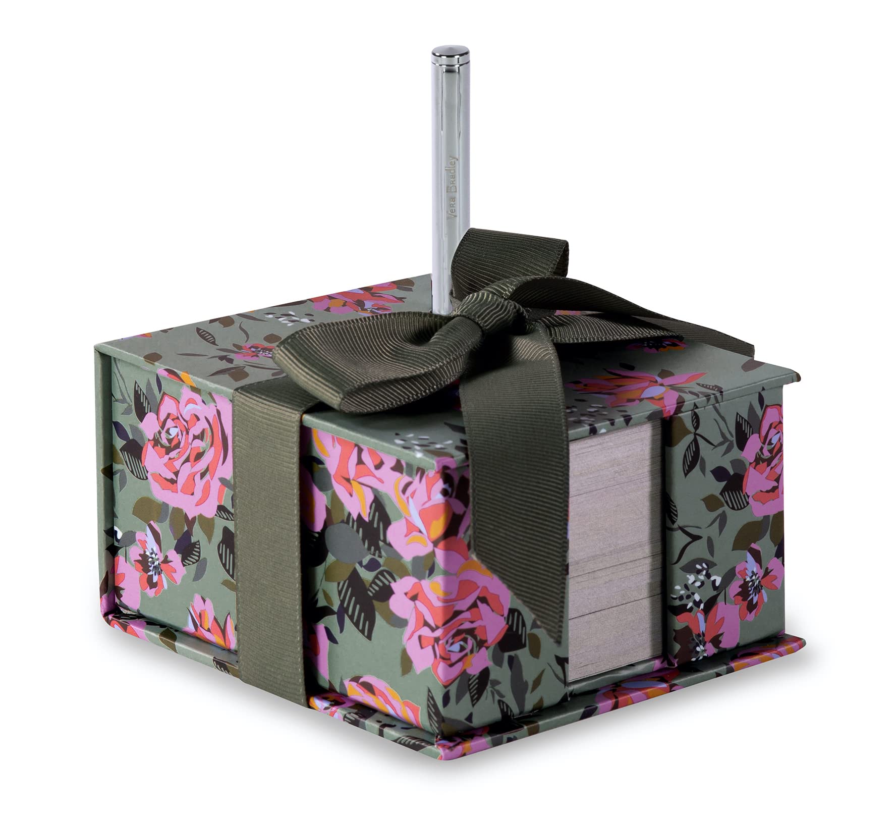 Vera Bradley Green Floral Note Cube with 400 Blank Sheets and Black Ink Pen, Cute Paper Holder for Desk, Rosy Outlook