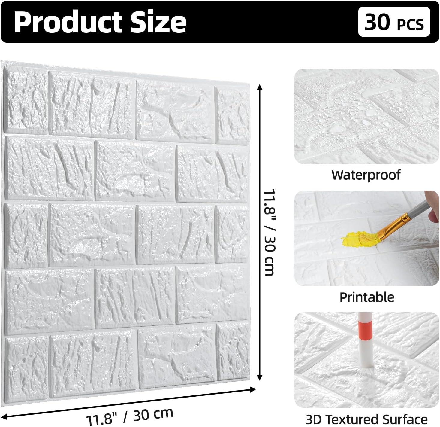 WADILE Peel and Stick 3D Wall Panels 12"x12" Aluminum Foil Backing, Waterproof Self-Adhesive Wall Tiles for Kitchen Bathroom Living Room, White PVC Wall Decor – 30 Pack