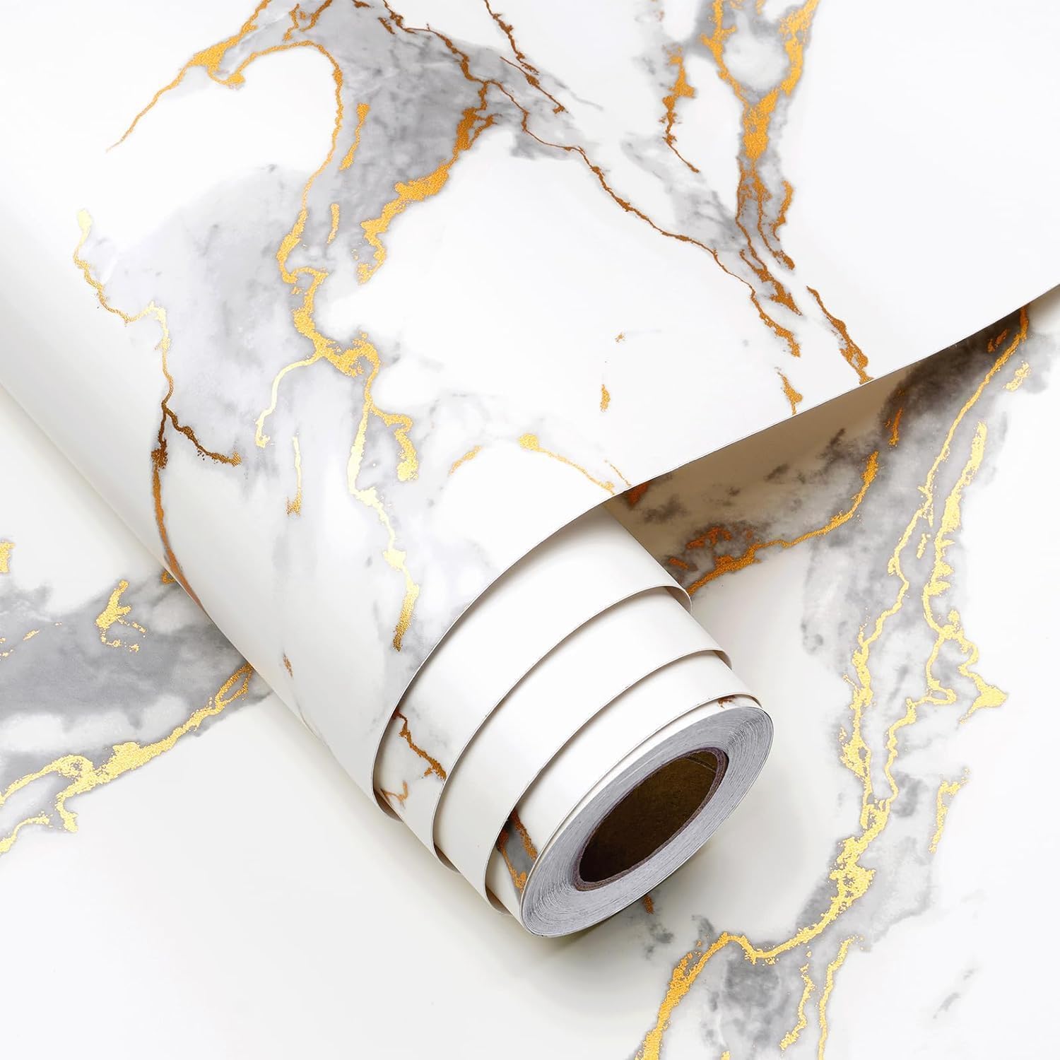 FunStick 60CM×5M Kitchen Wallpaper Marble Peel and Stick Countertop White and Gold Wallpaper for Living Room Bedroom Walls Marble Effect Sticky Back Plastic for Kitchen Worktop White Gold Vinyl Wrap
