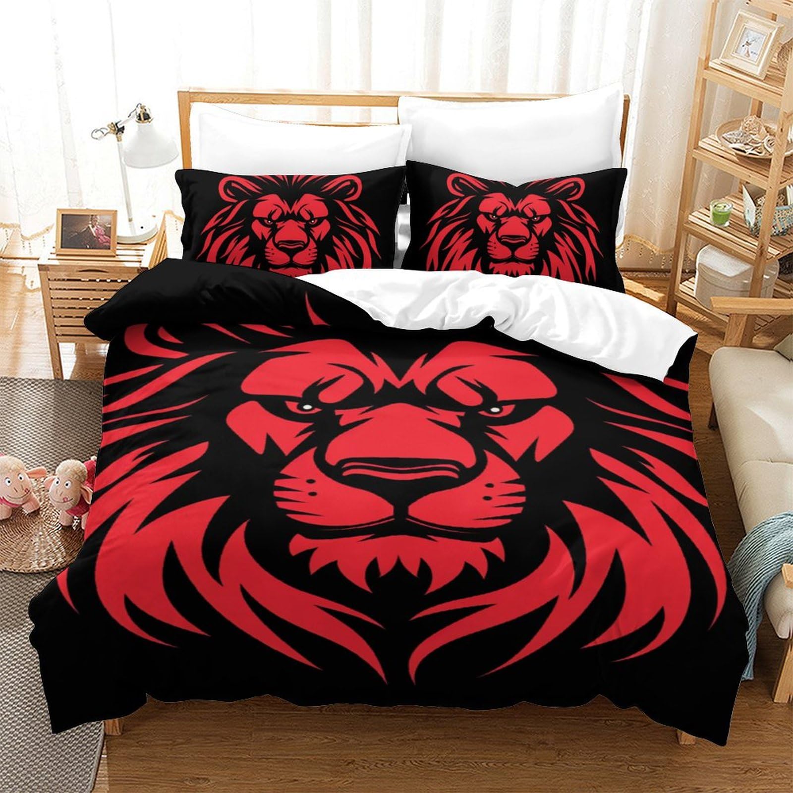 Housse de couette lion 3D anti-plis parure de lit 140x200 cm facile à laver