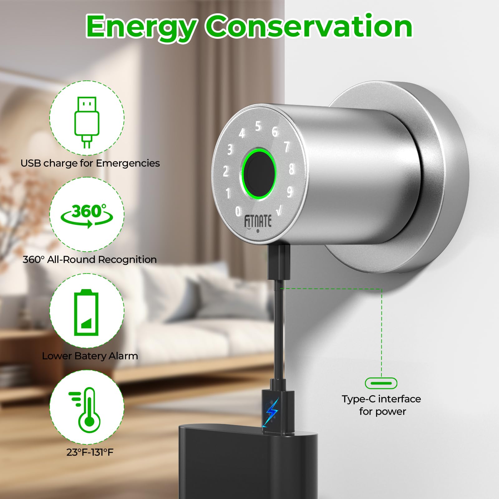 FITNATE Bouton de porte à empreintes digitales avec clavier, serrure biométrique sans clé pour chambre à coucher, appartement, hôtel, bureau